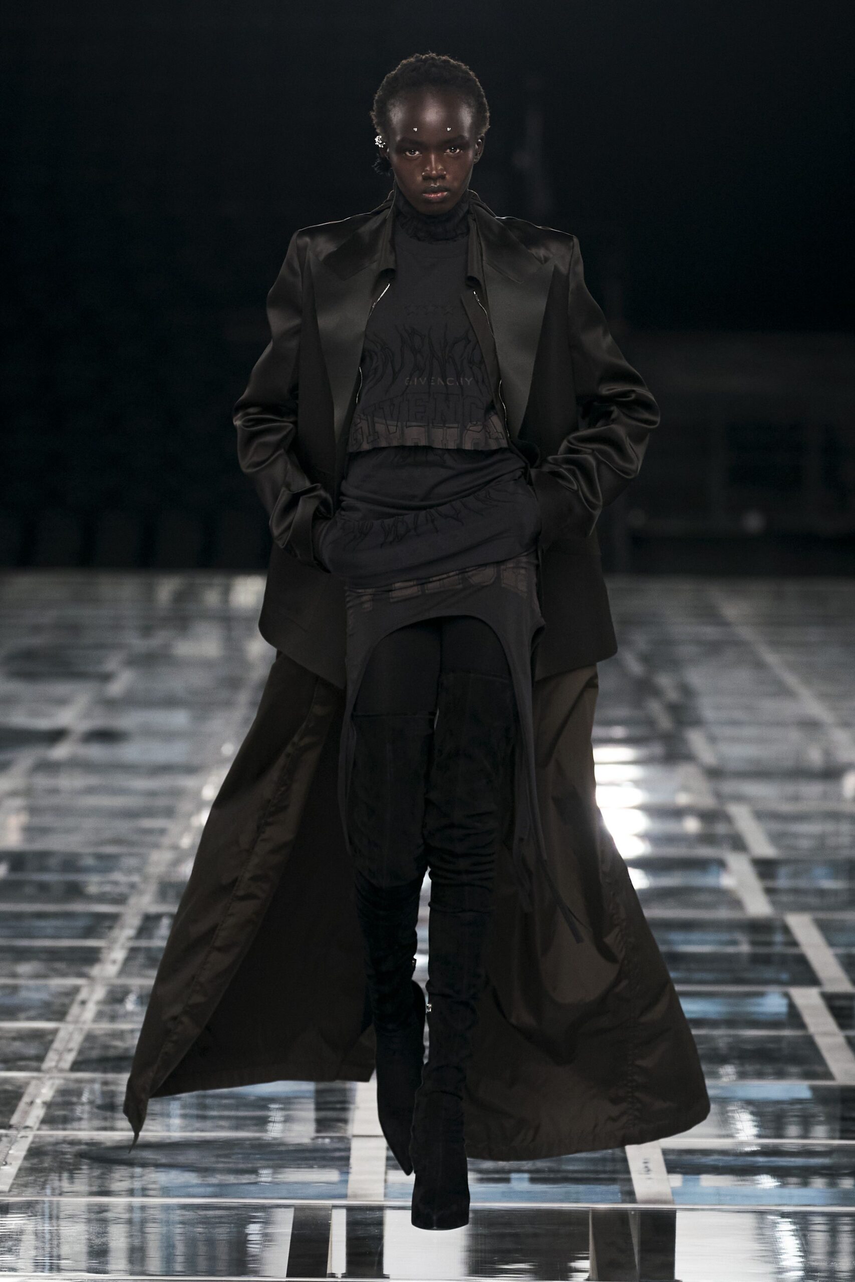 black silk long-sleeve relaxed draped maxi coat