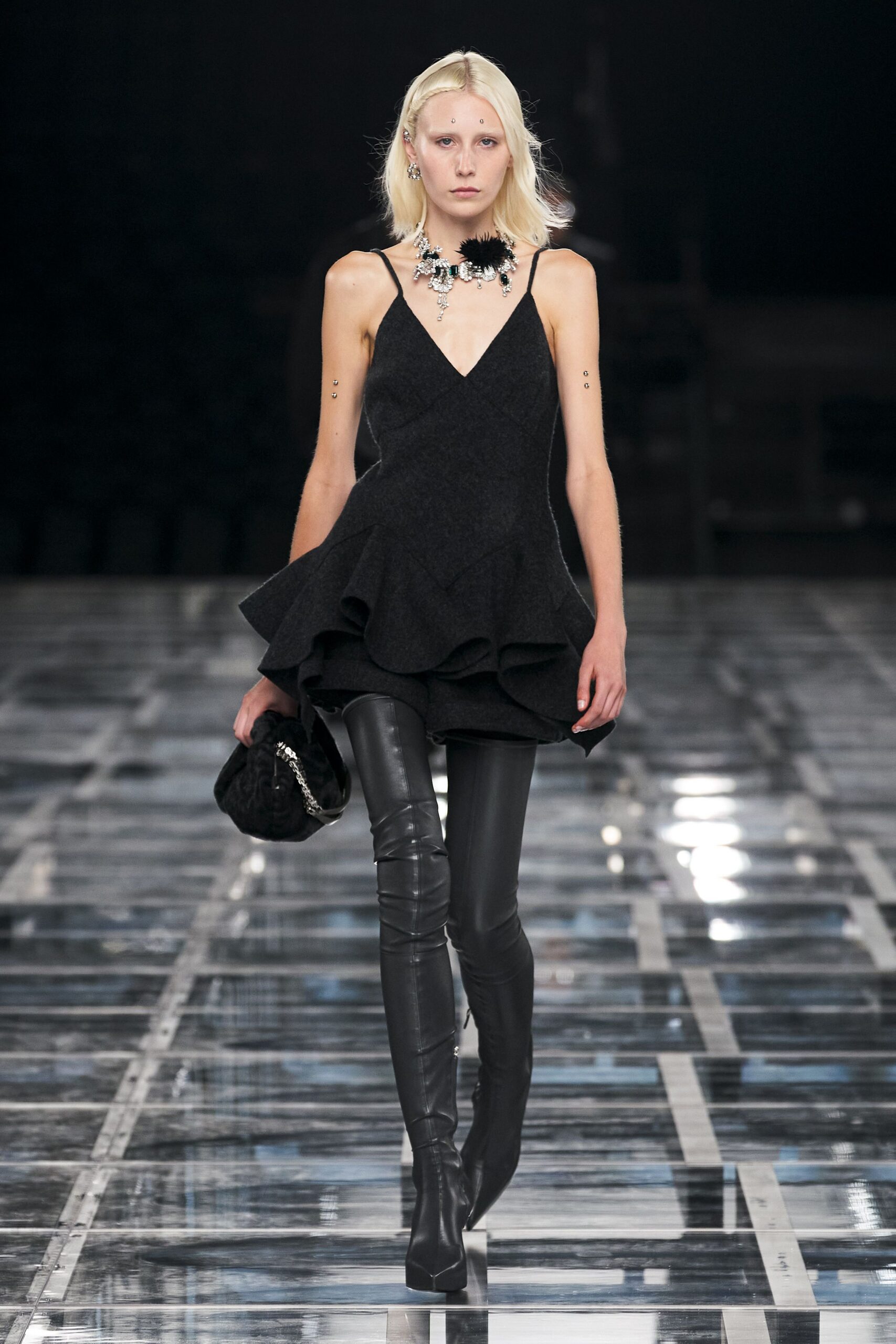 black wool sleeveless v-neck fitted ruffled mini dress