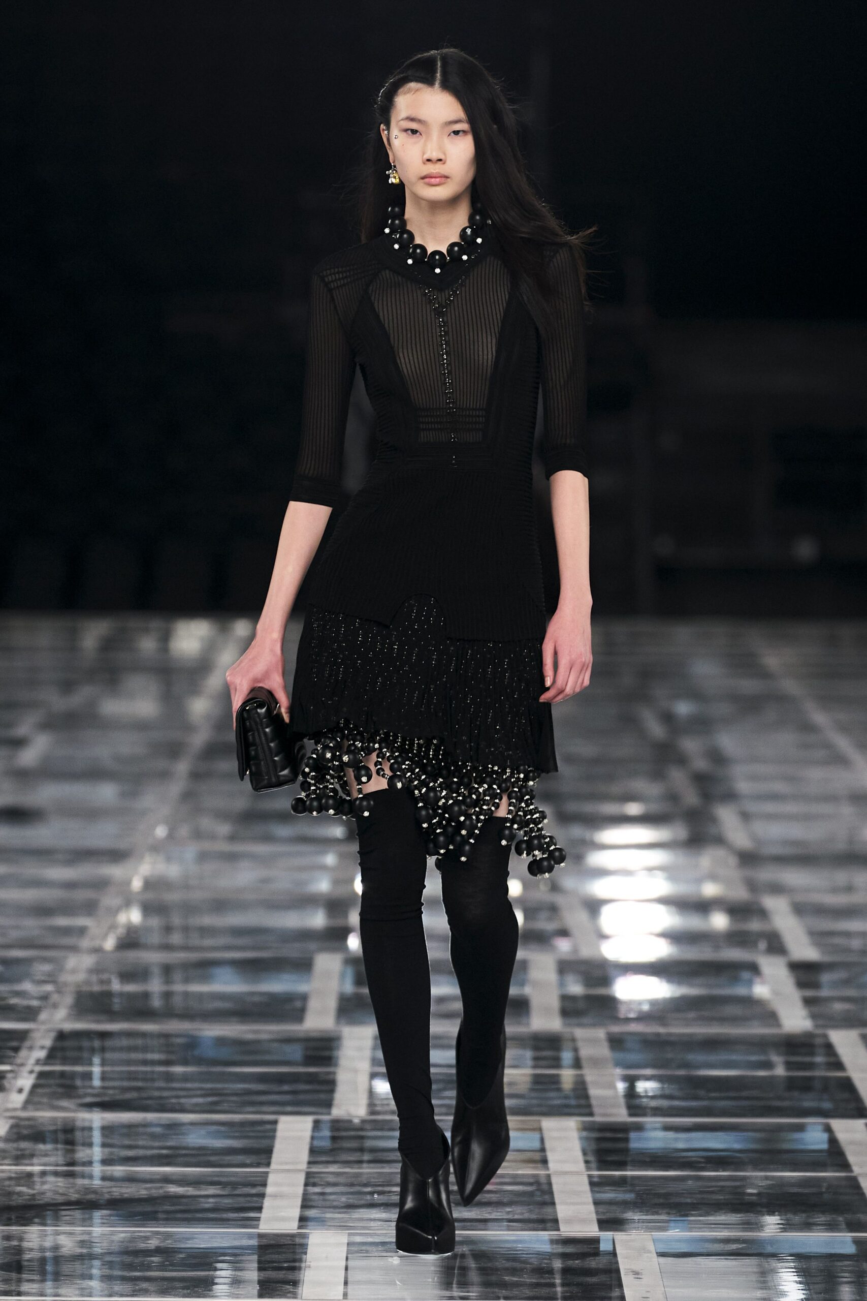 black silk long-sleeve v-neck fitted pleated beaded dress
