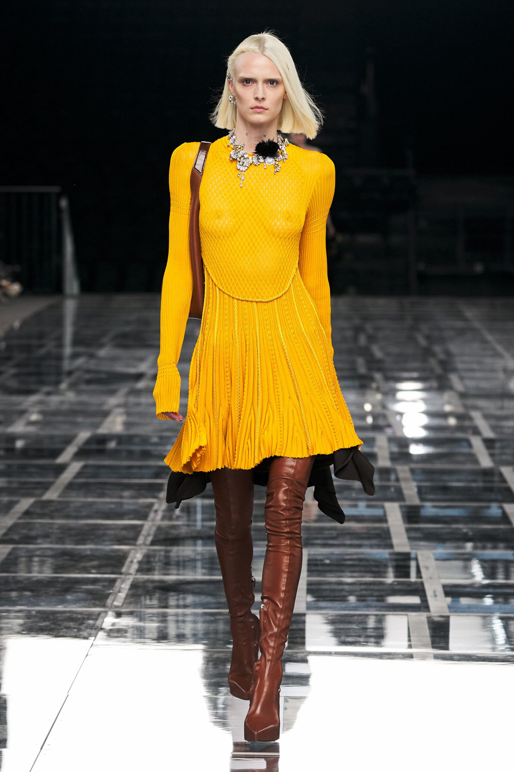 yellow knit long-sleeve high-neck fitted pleated layered dress