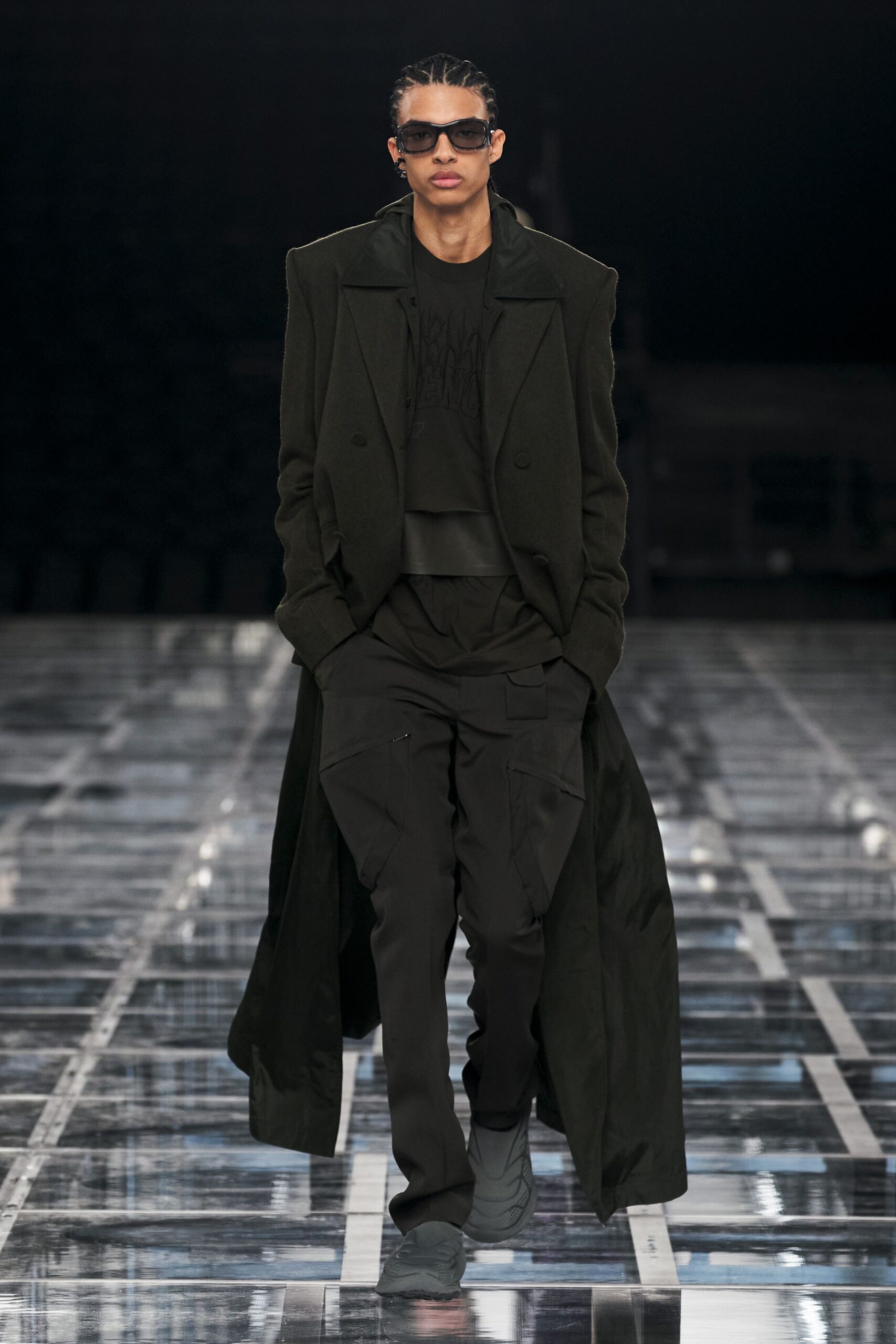 black wool long-sleeve collared relaxed buttoned maxi coat