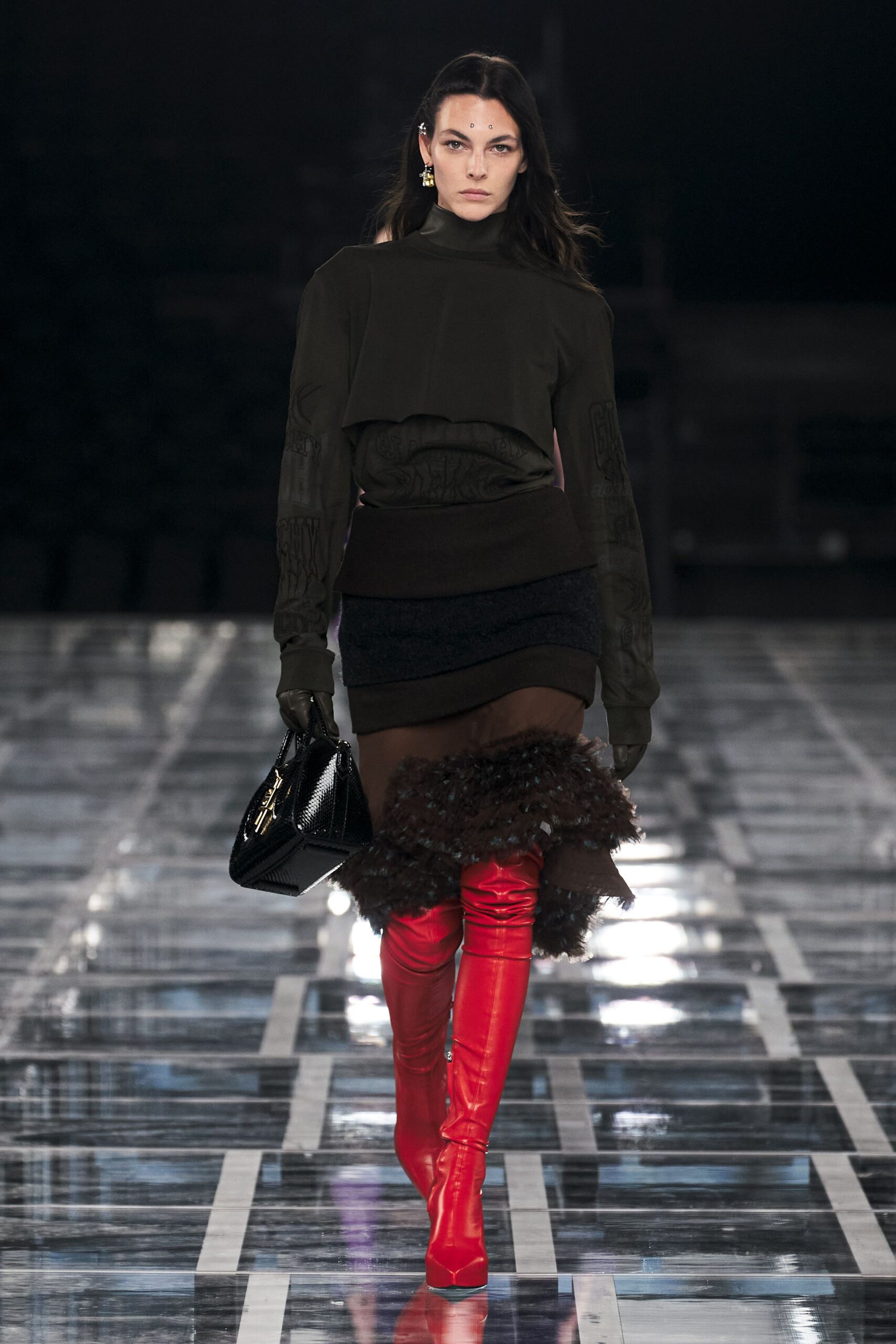 brown wool fitted ruffled skirt