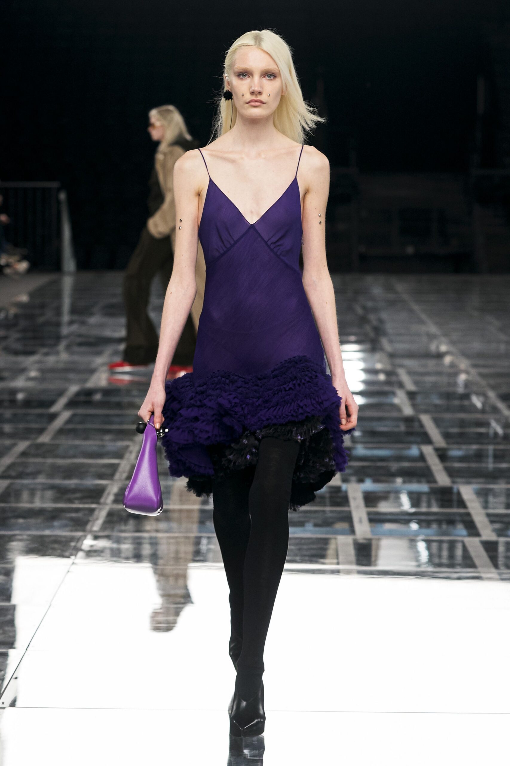purple silk sleeveless v-neck fitted ruffled mini dress