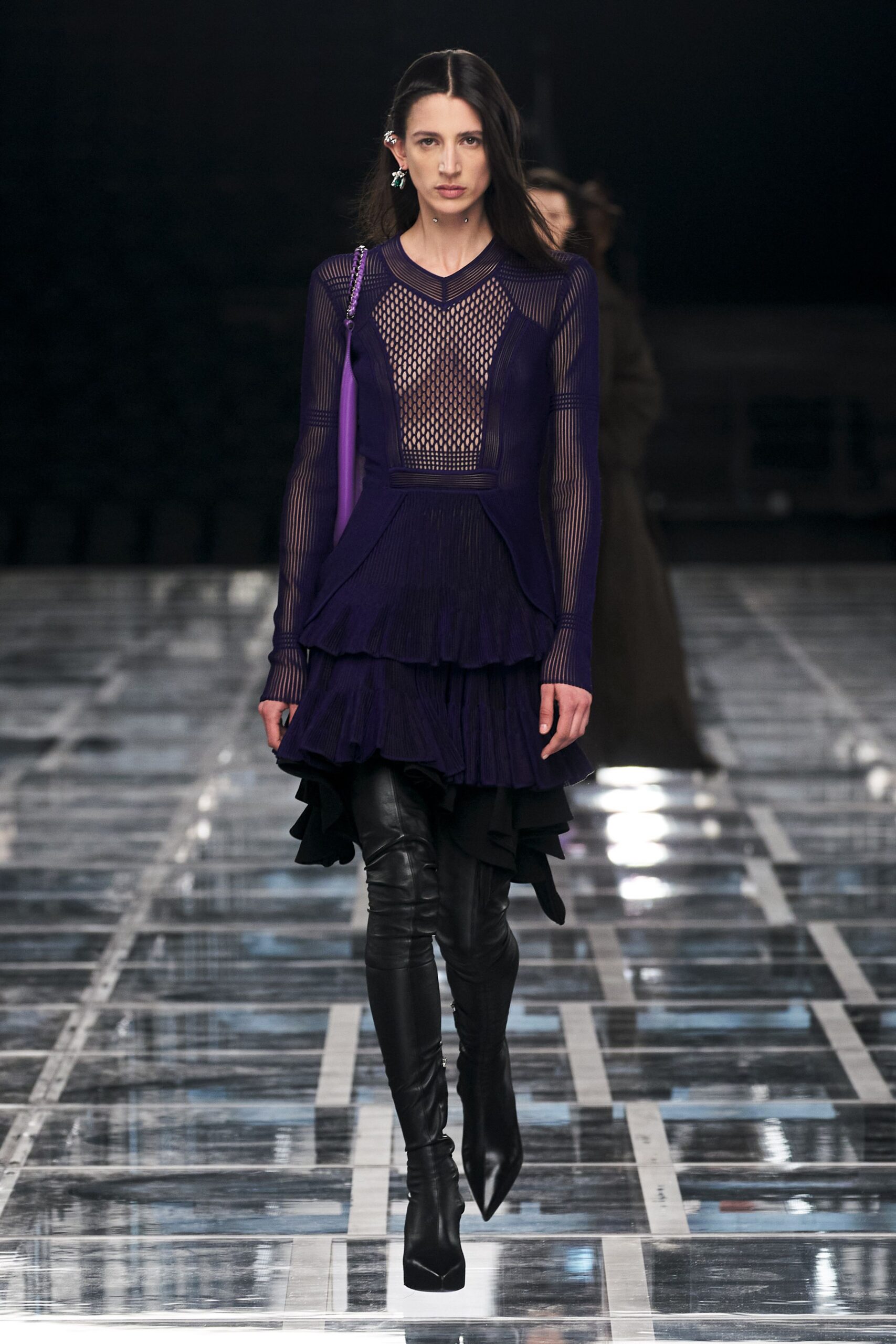 purple mesh long-sleeve v-neck fitted pleated layered dress