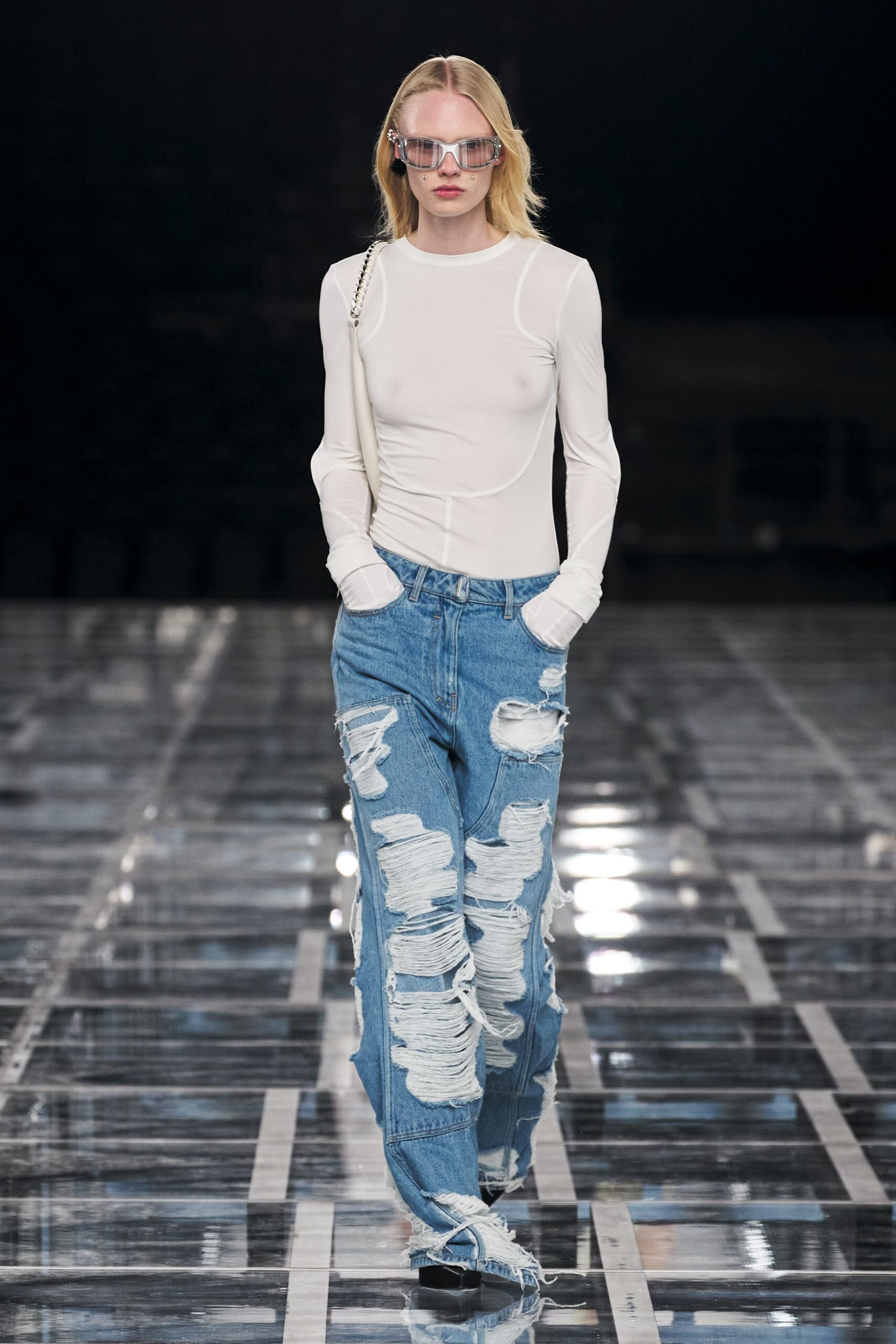 blue denim relaxed distressed wide-leg jeans