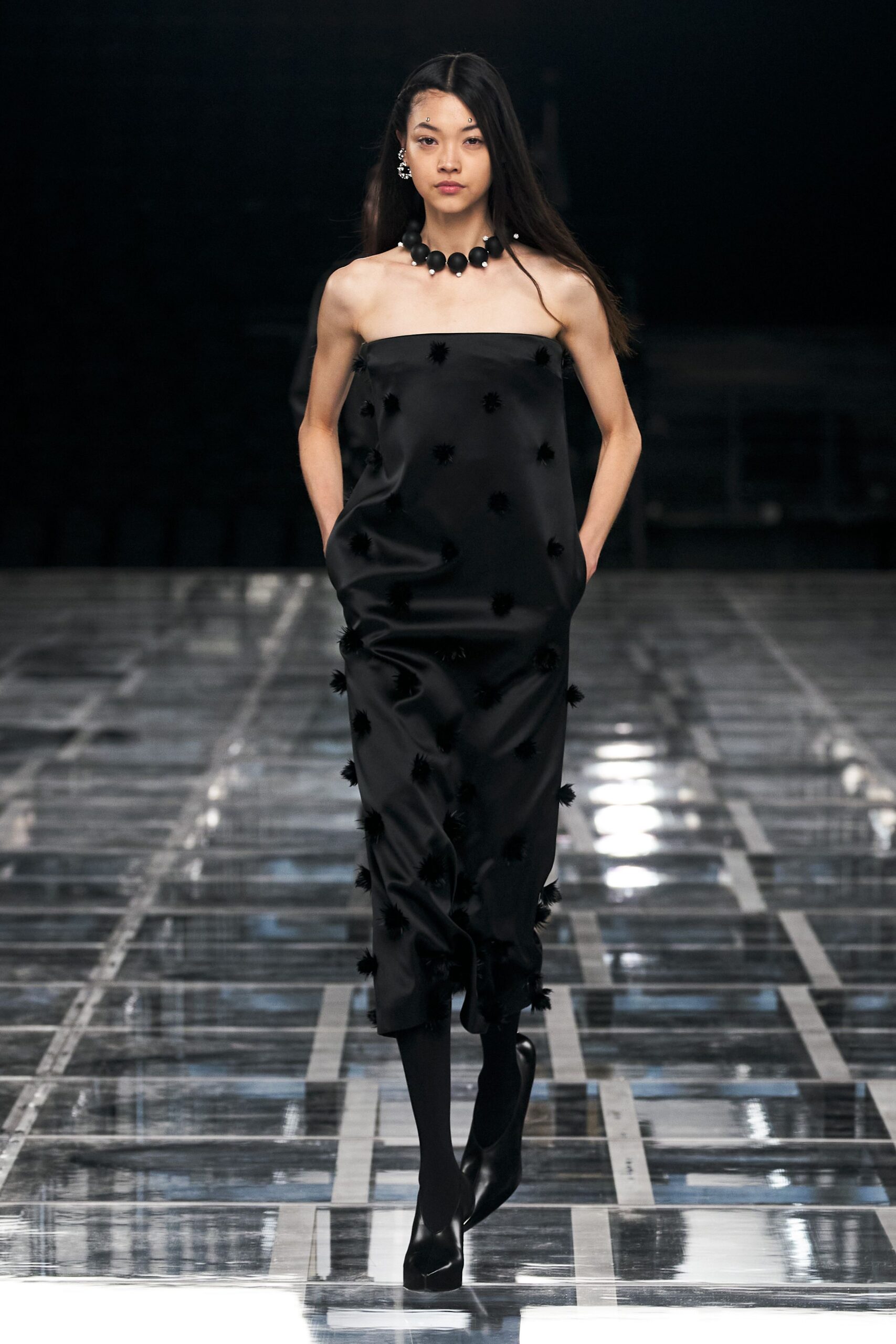 black silk sleeveless fitted straight-leg pleated midi dress