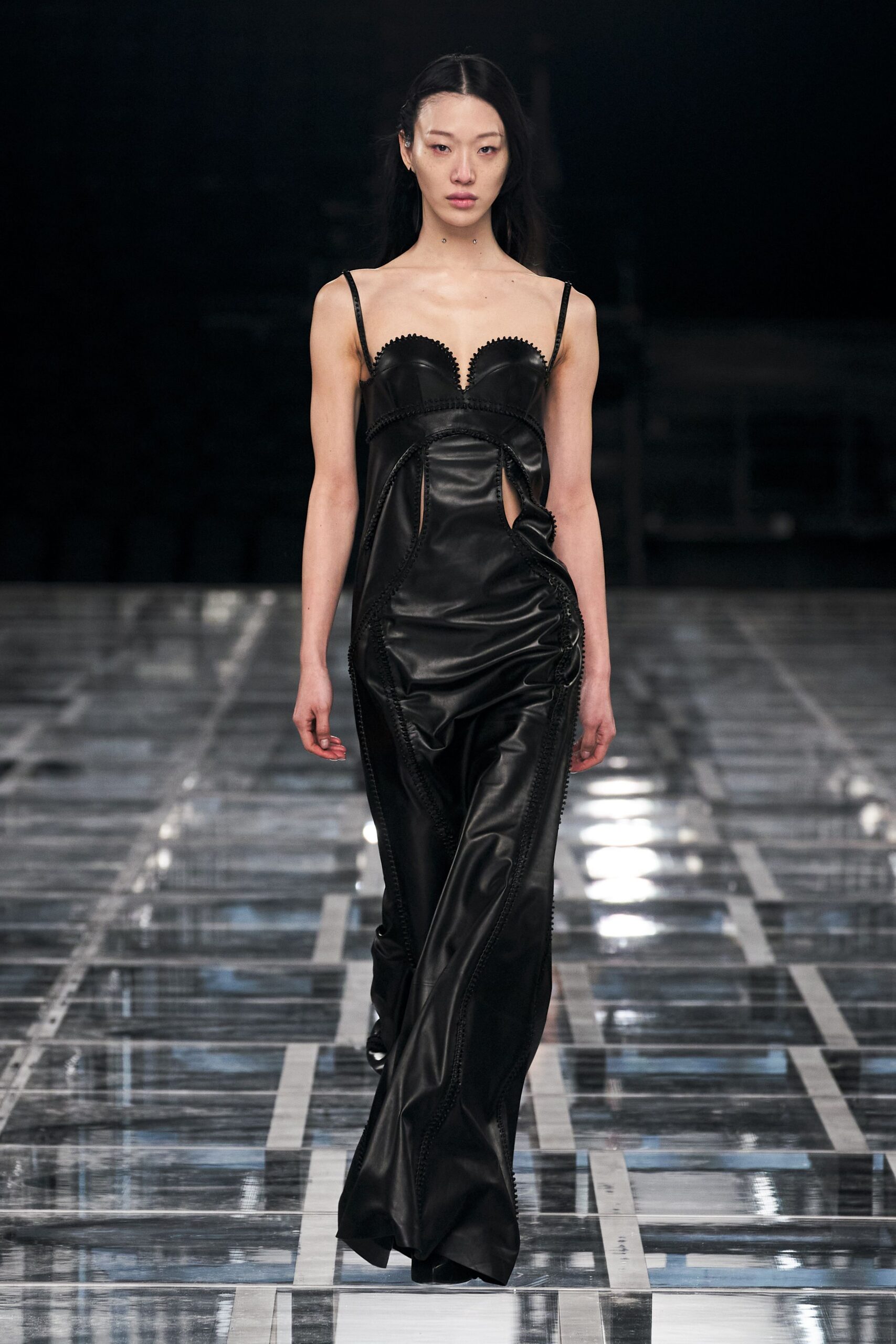 black leather sleeveless gown