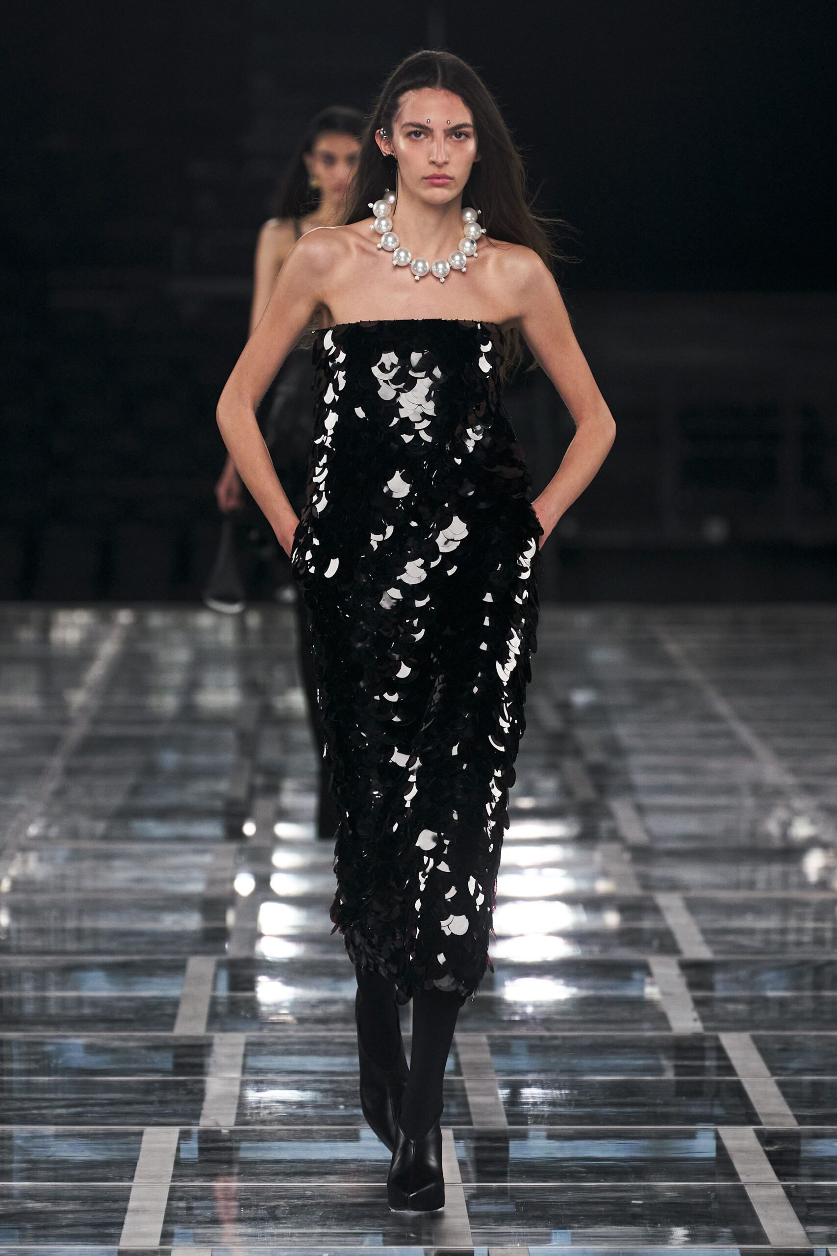 black sequin strapless fitted layered shiny midi gown