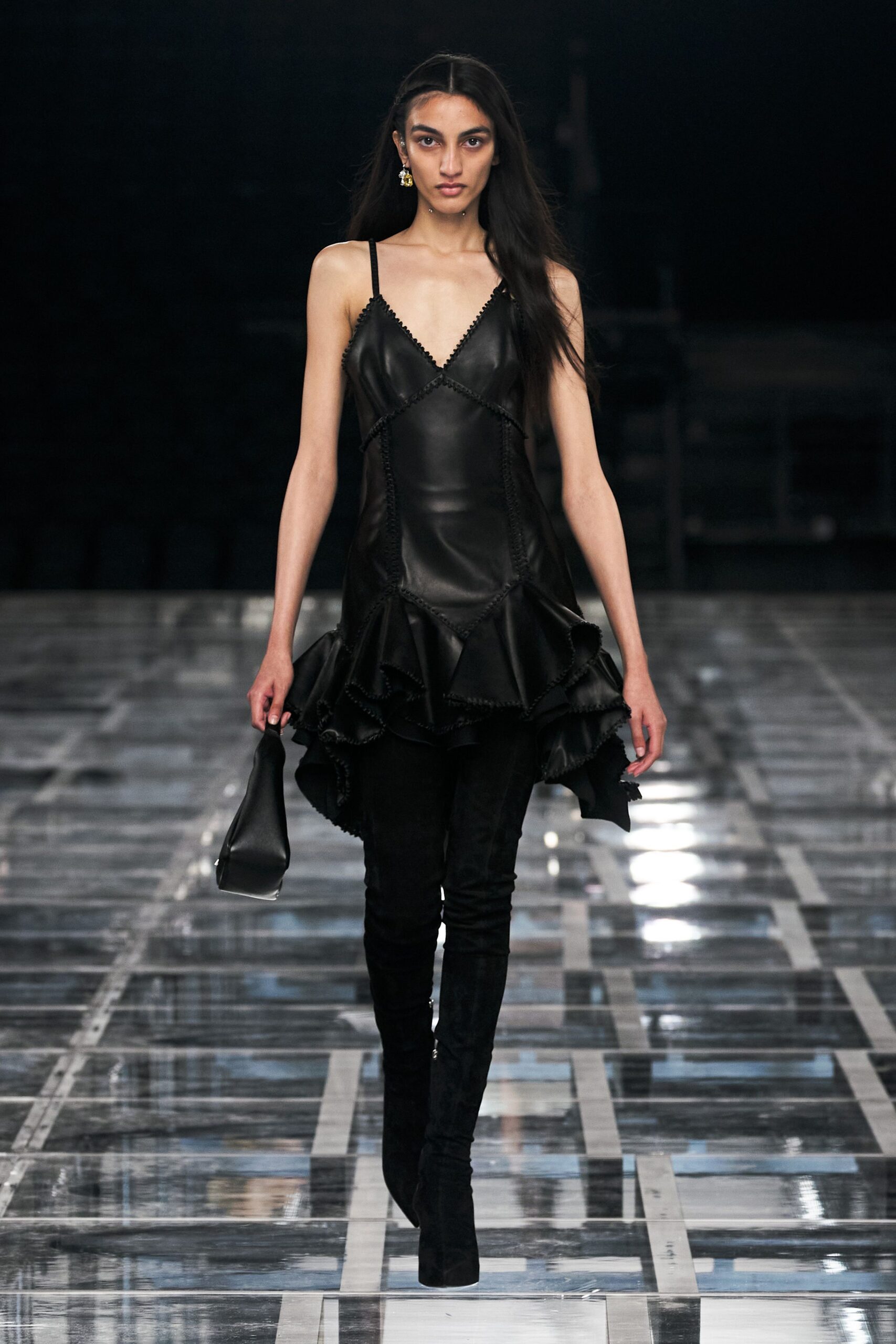 black leather sleeveless v-neck fitted ruffled mini dress