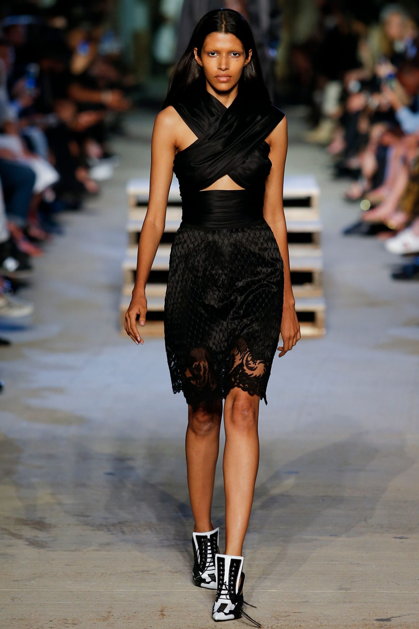 black silk ruched midi dress with shoes