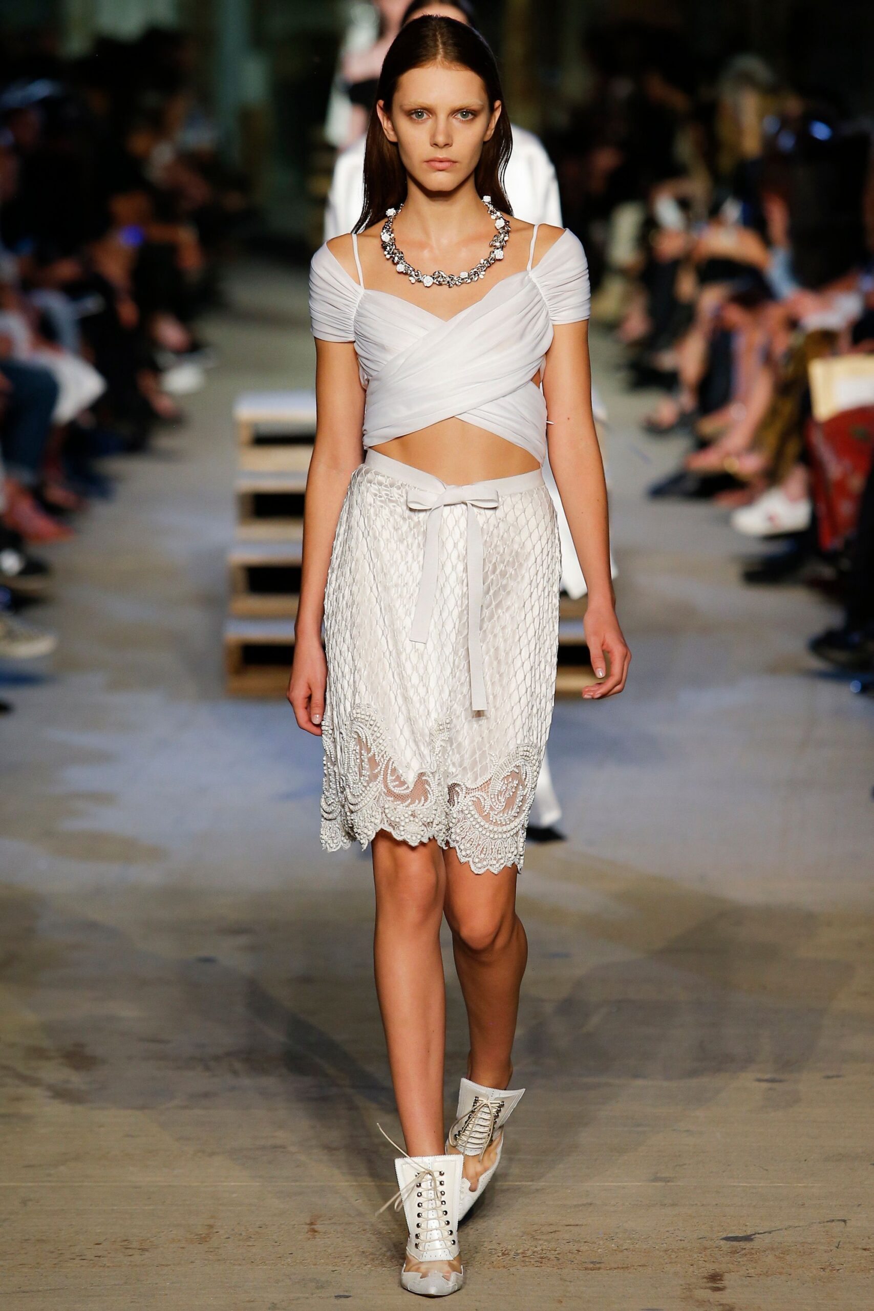white fitted top and mini skirt