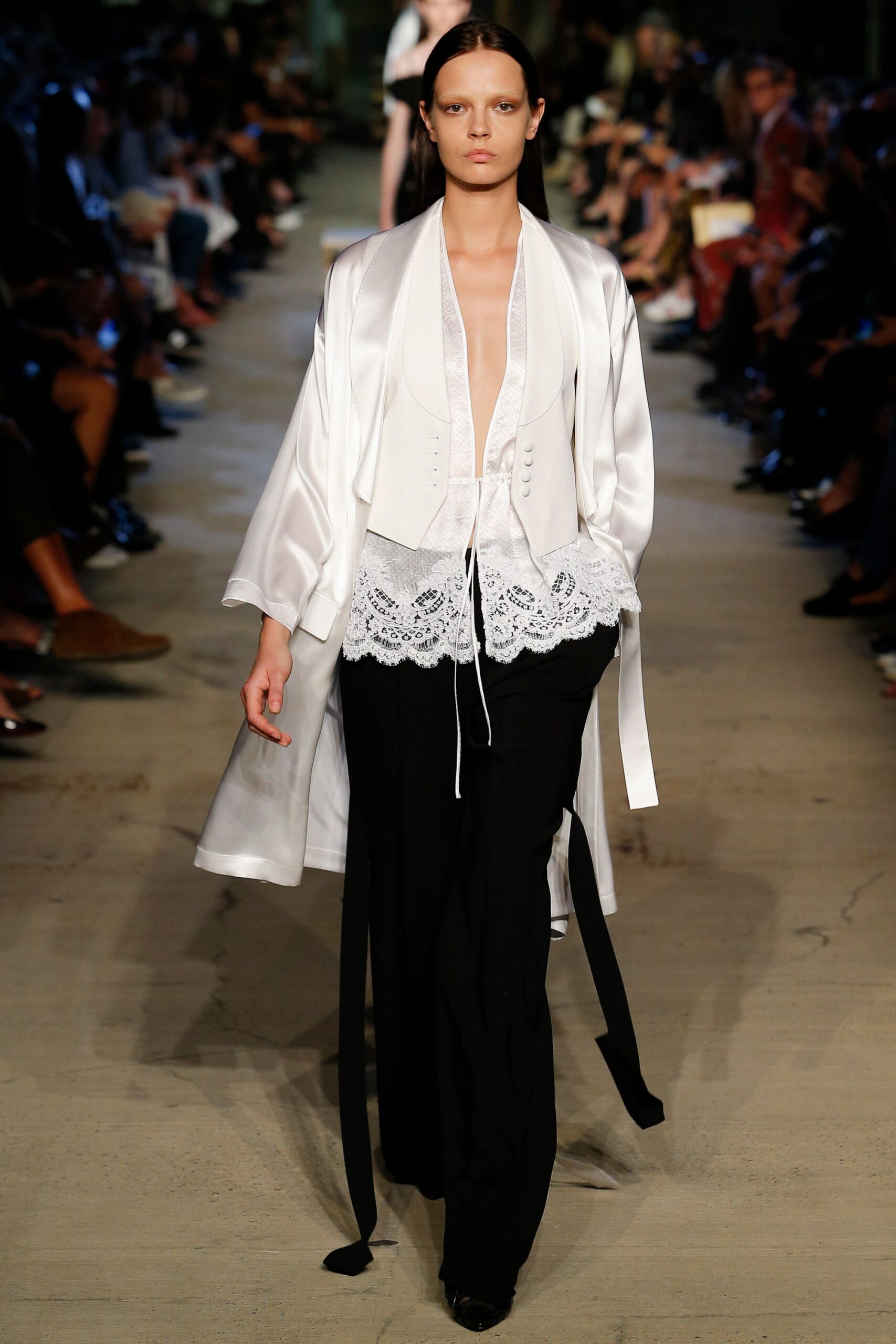 white silk blouse black pants
