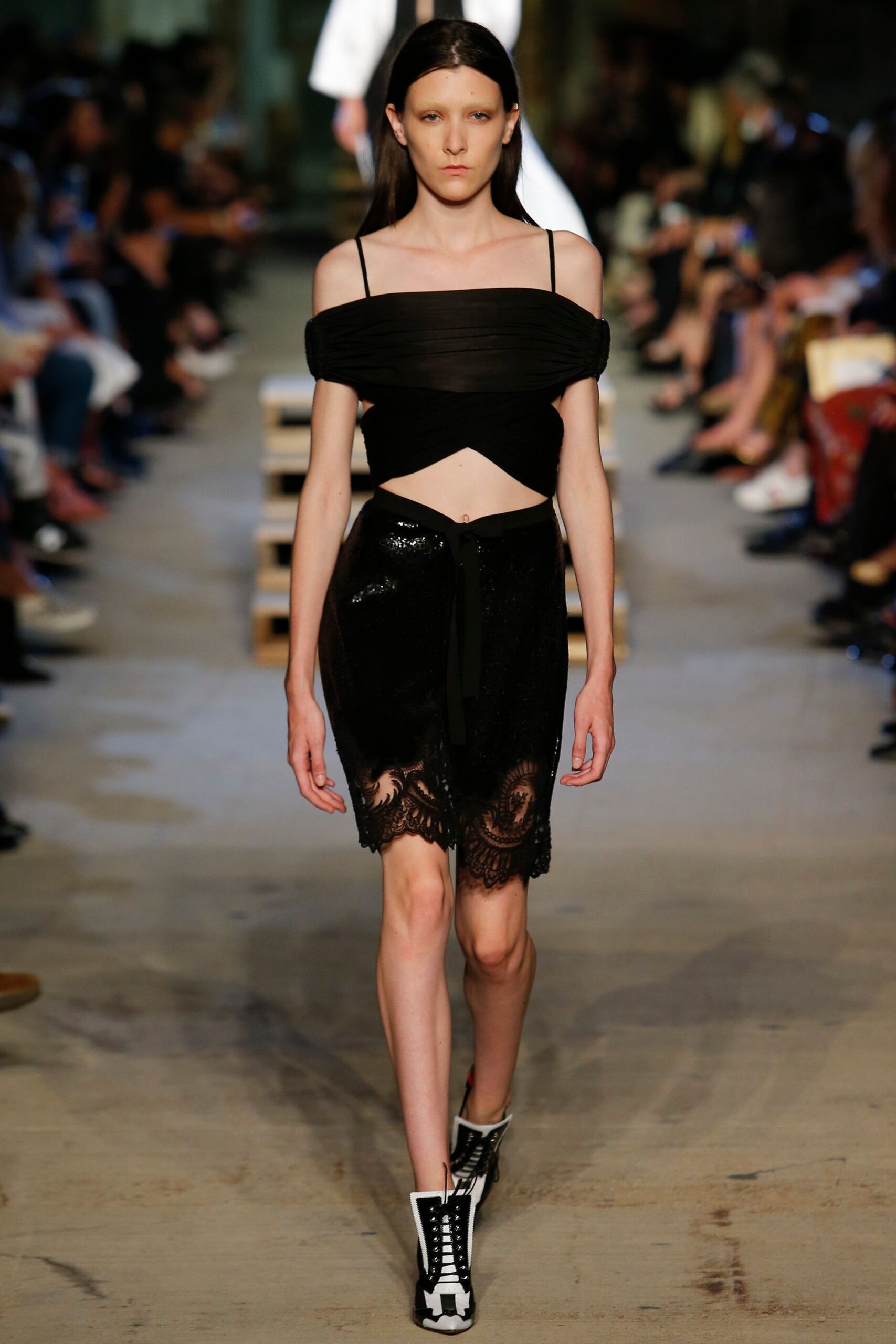 black silk off-shoulder top and mini skirt