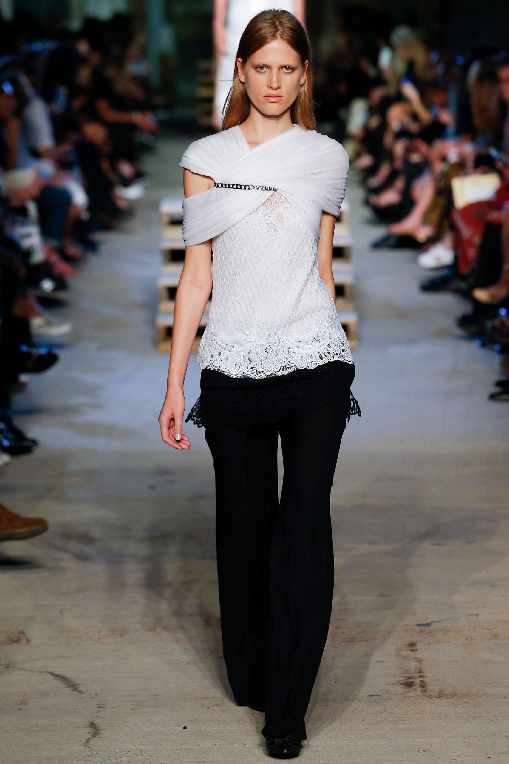 white fitted top black pants