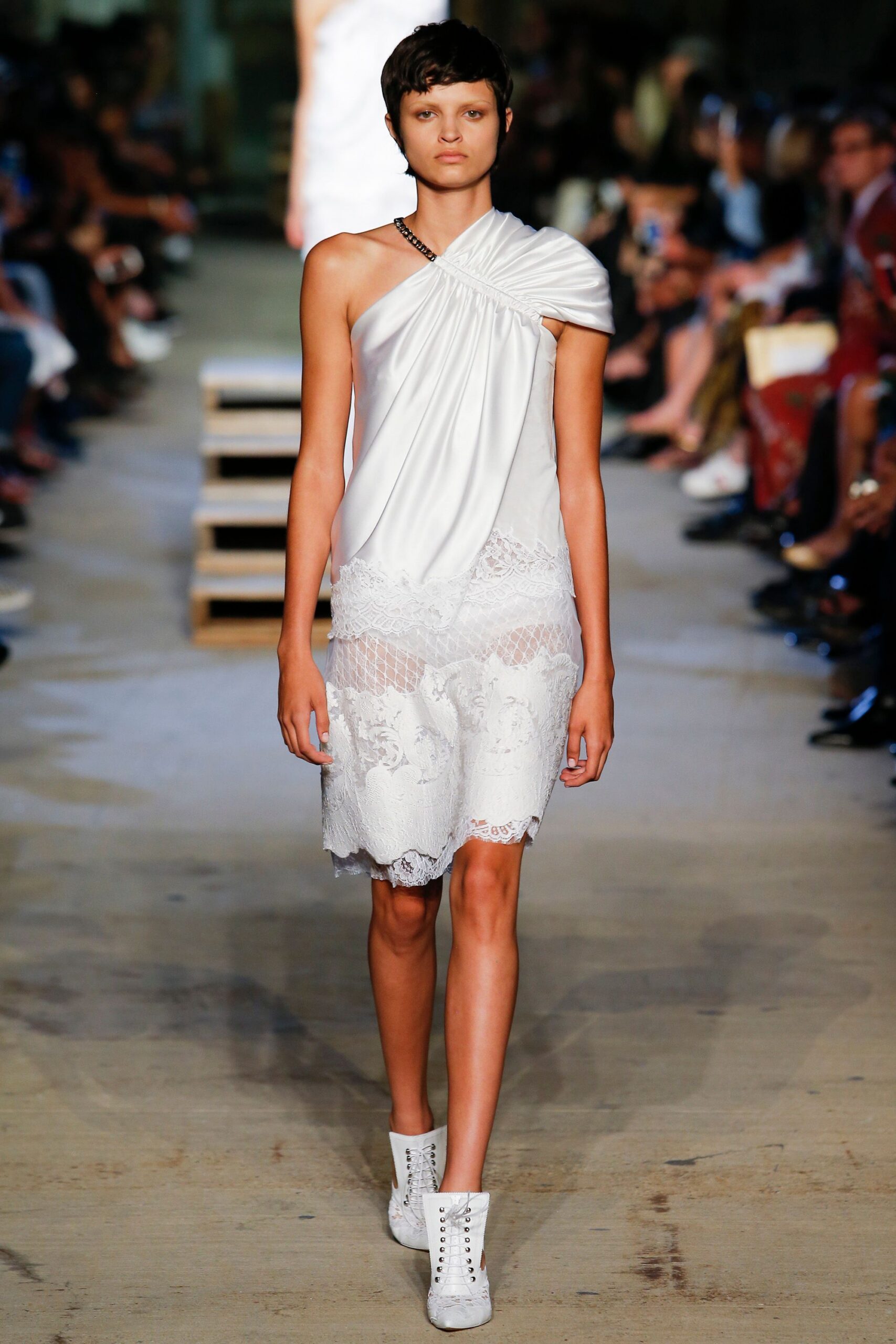 white asymmetric mini dress and shoes