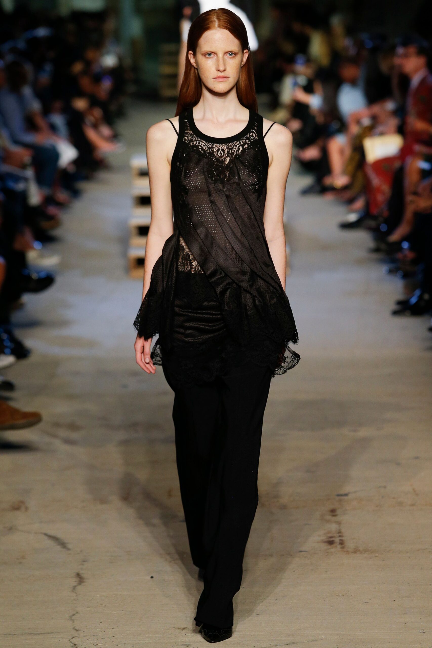 black lace asymmetric top with pants