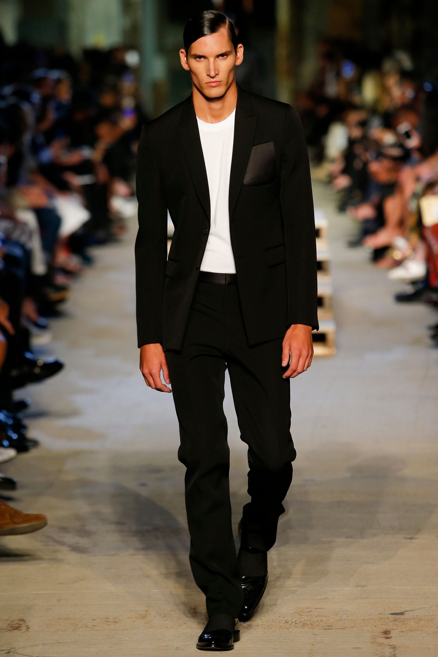black tailored suit with white t-shirt