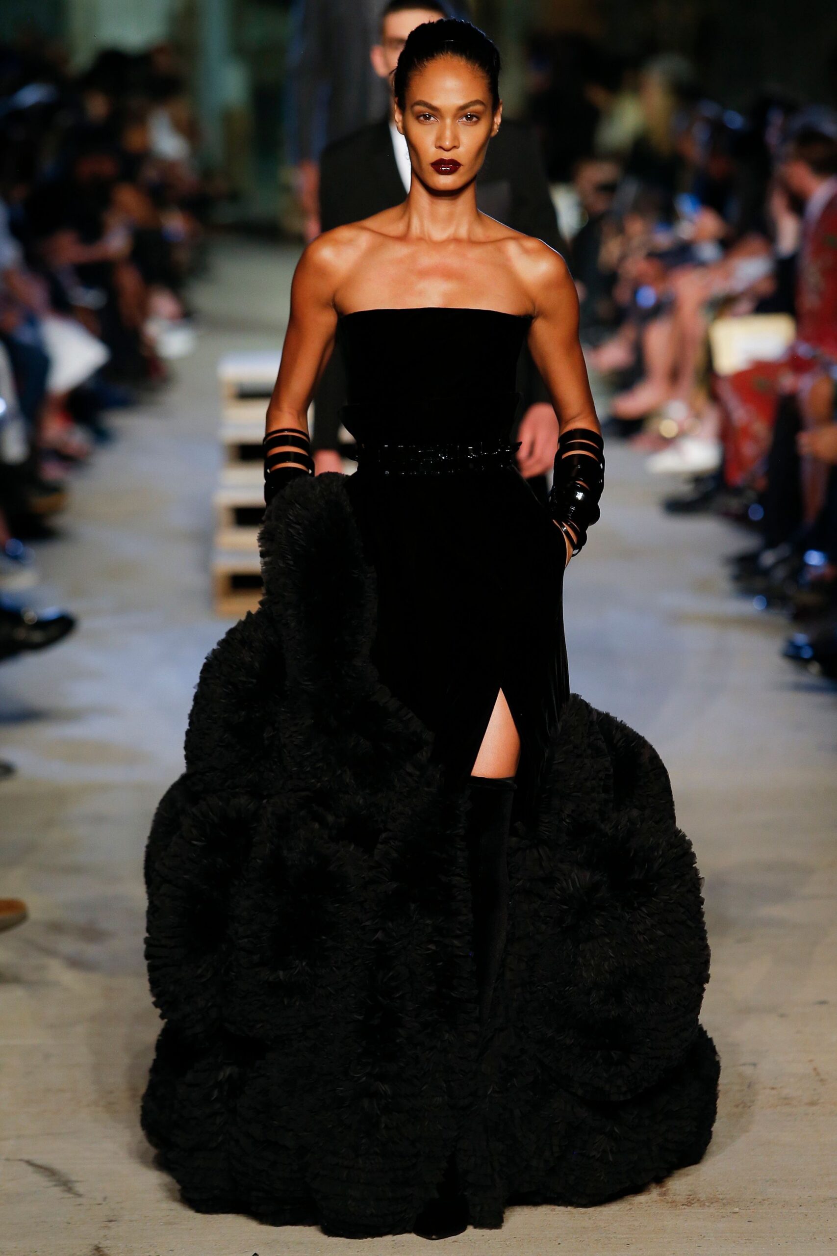 black silk off-shoulder gown