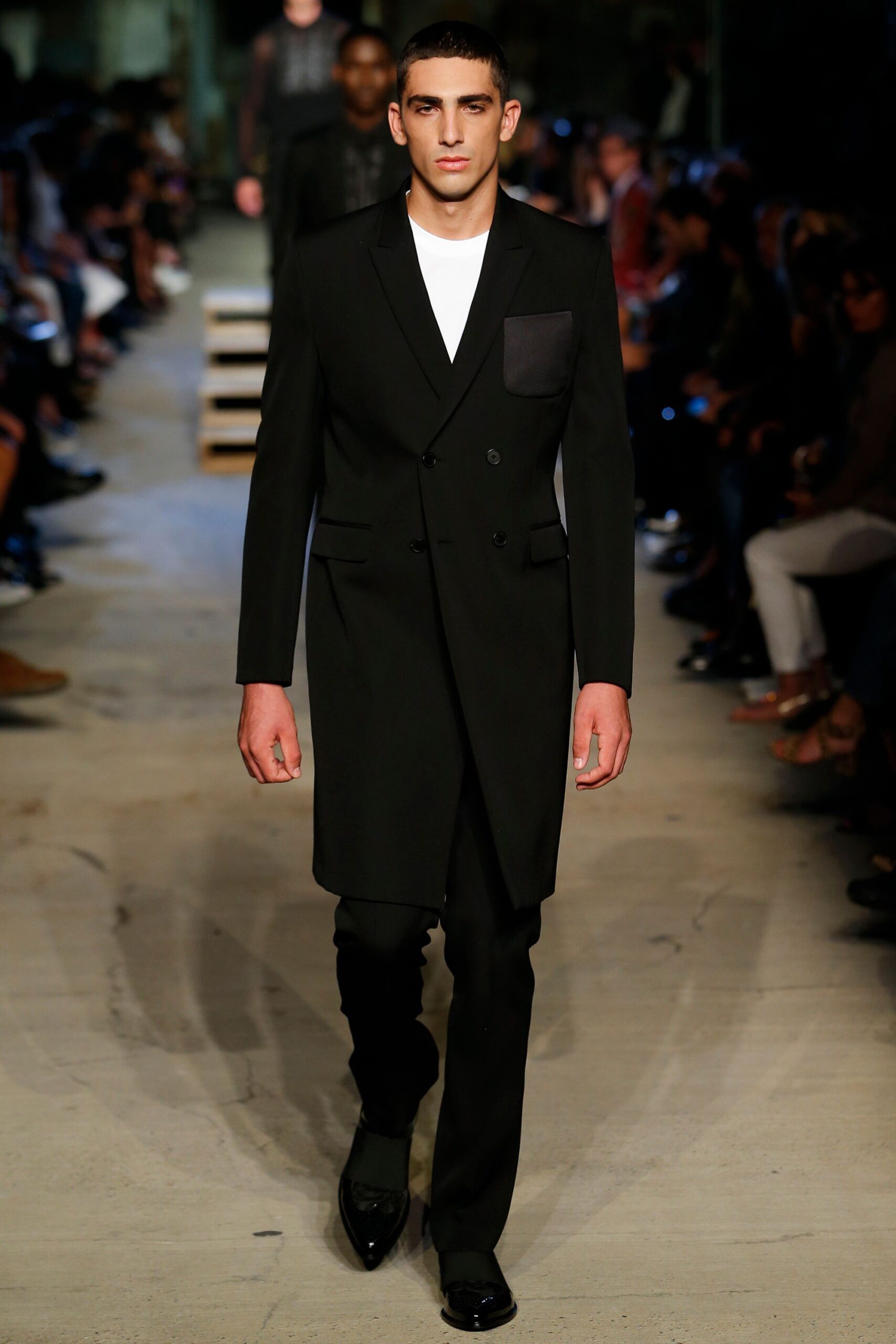 black tailored suit with white shirt