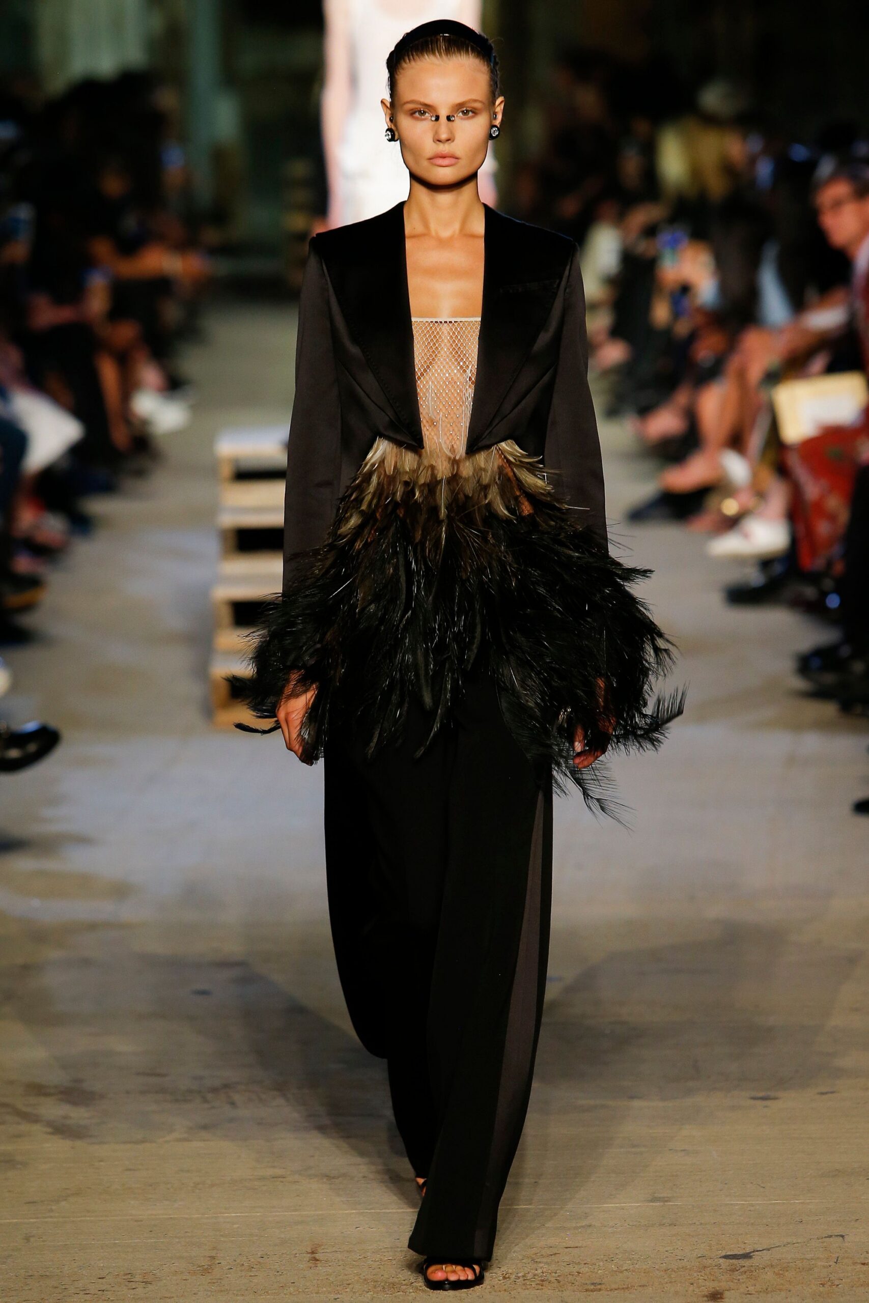 black silk feathered gown