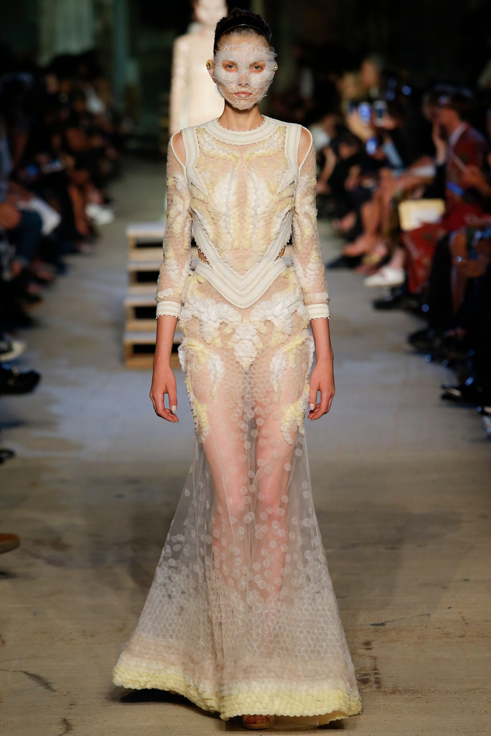 white lace embroidered gown