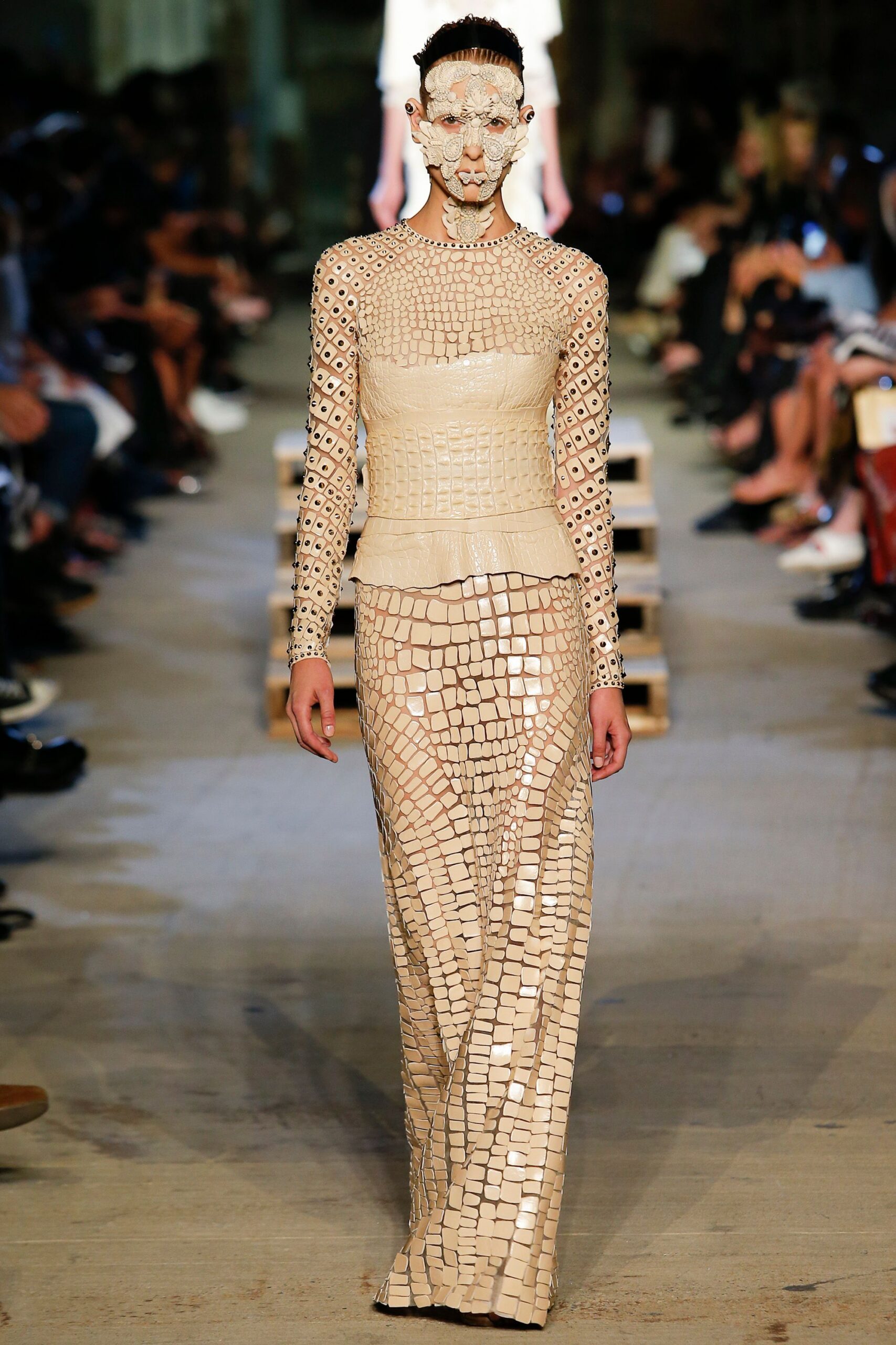 beige embellished long-sleeve gown