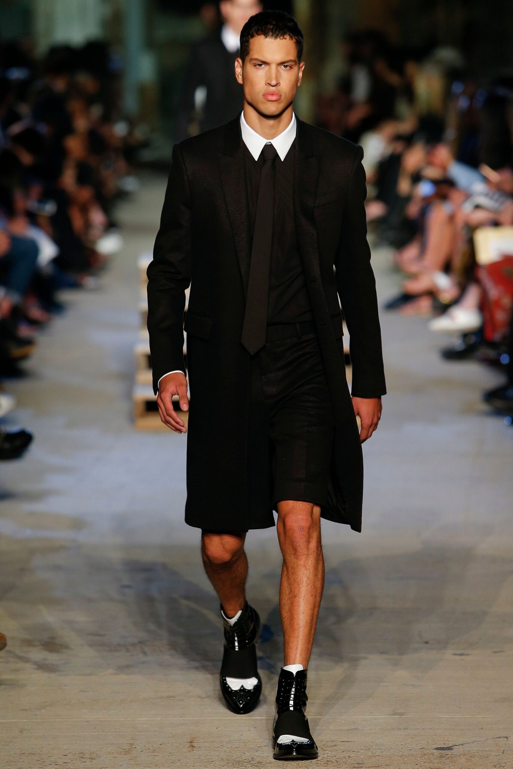black wool coat with shorts