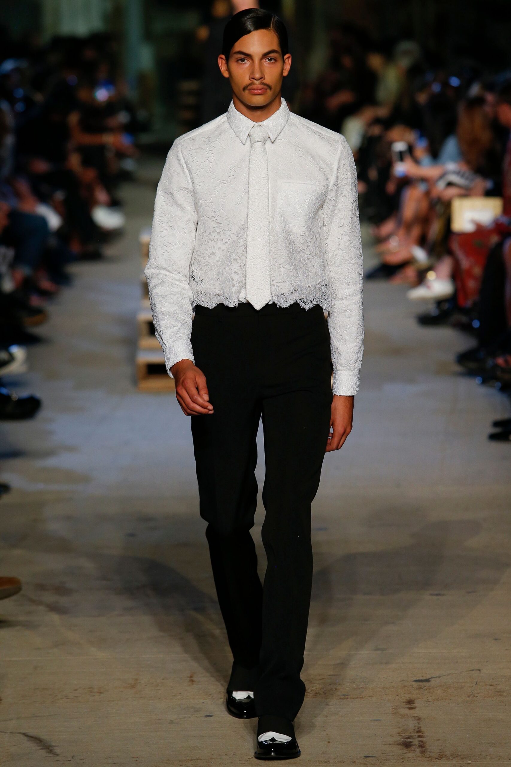 white lace shirt with black pants