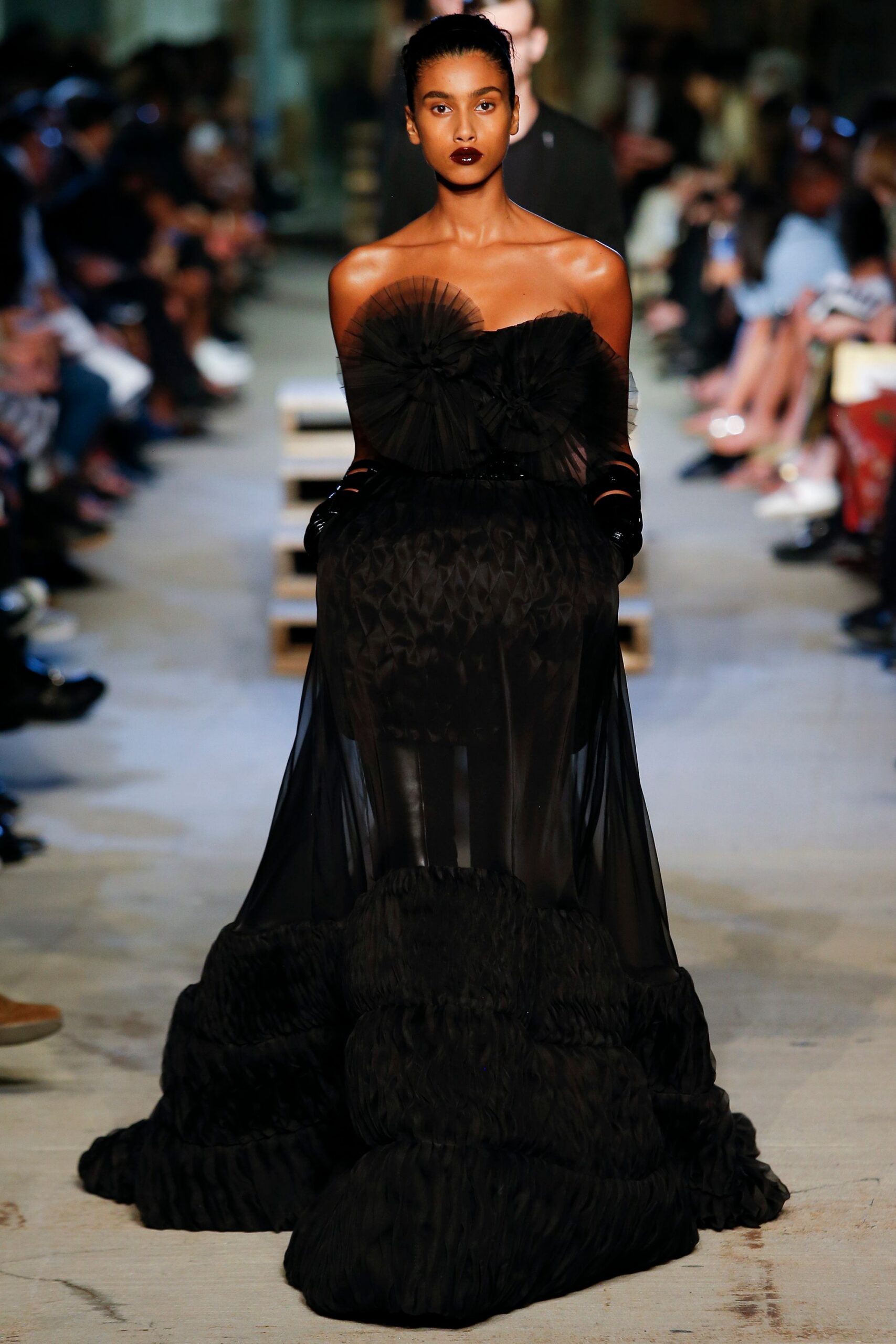 black silk strapless gown