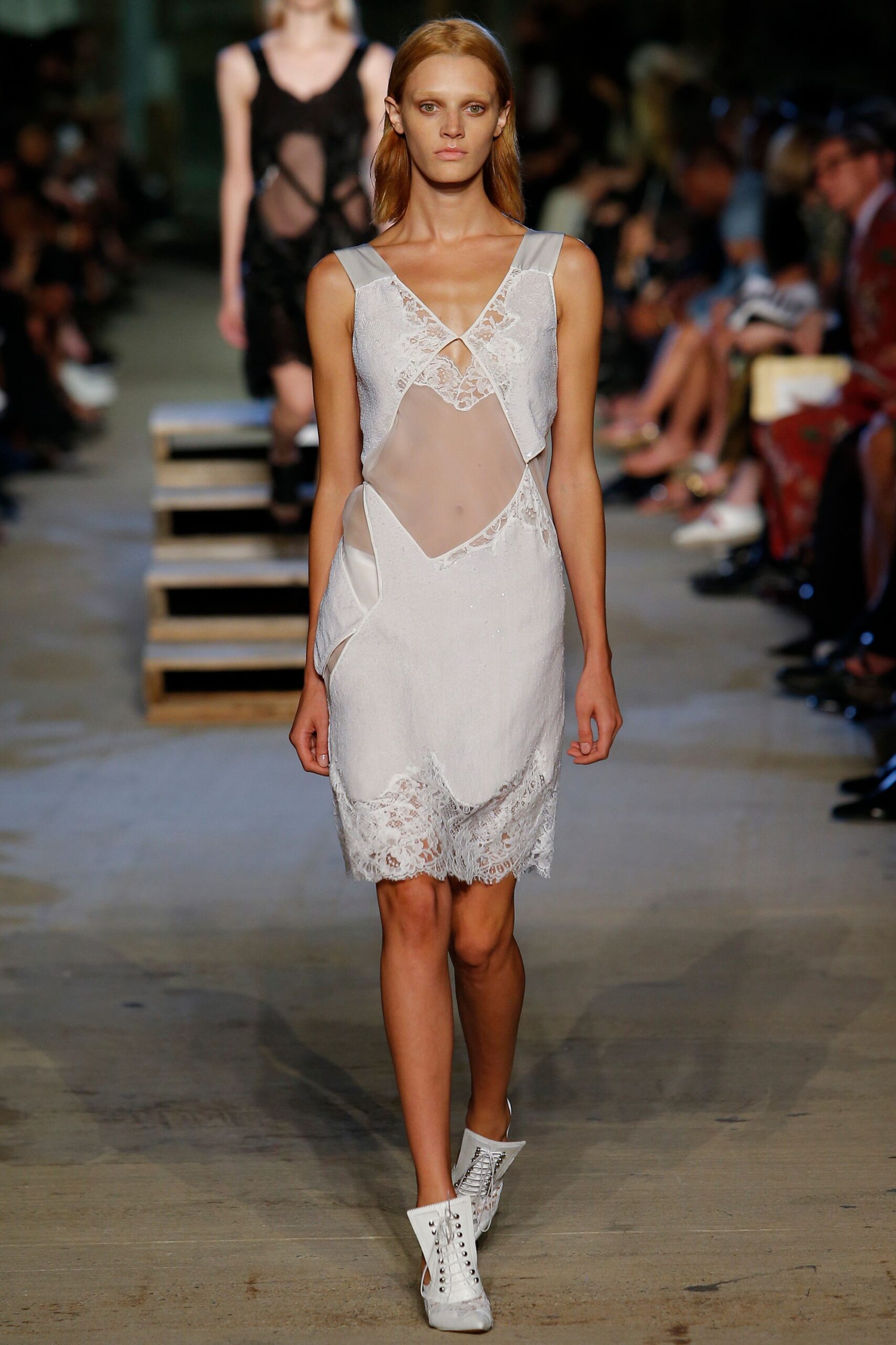 white lace mini dress with zippered shoes