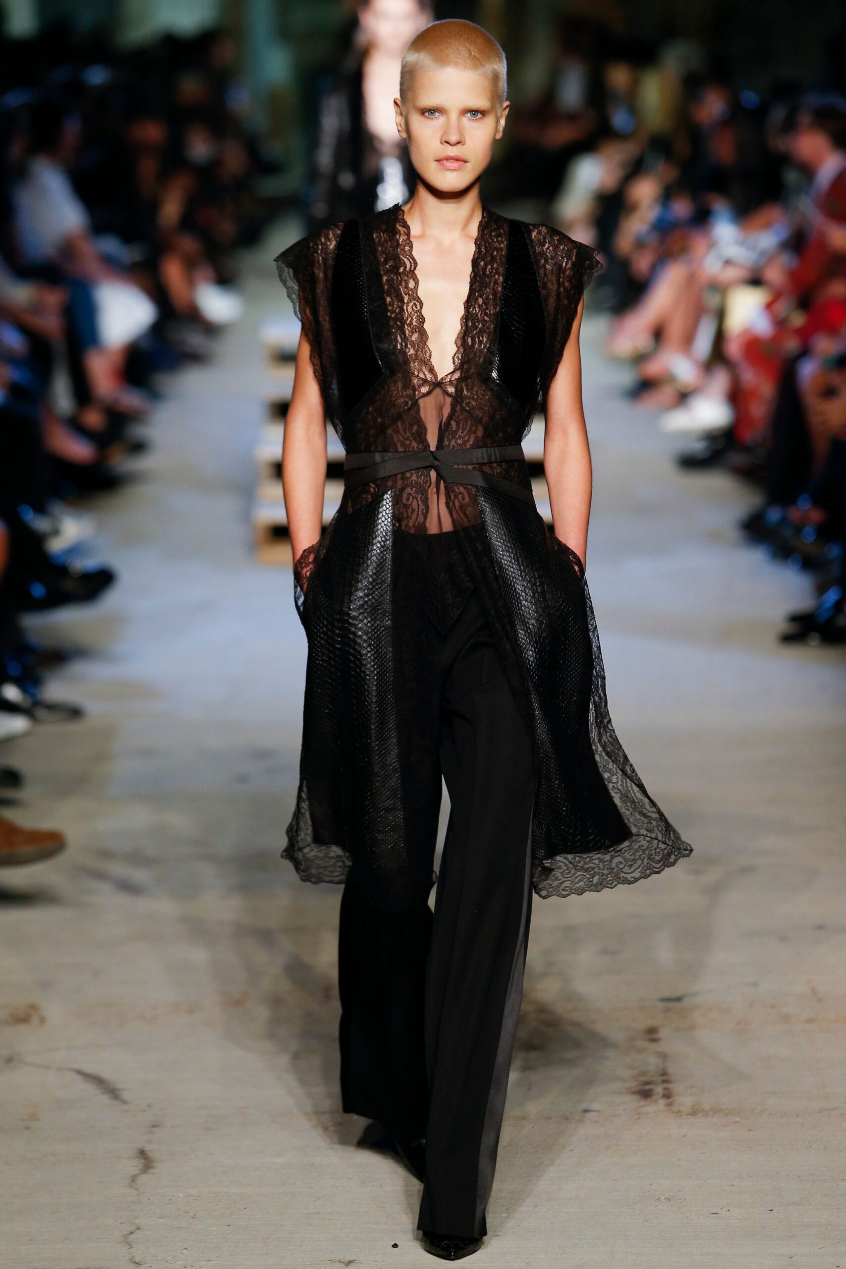 black lace layered dress with slim pants