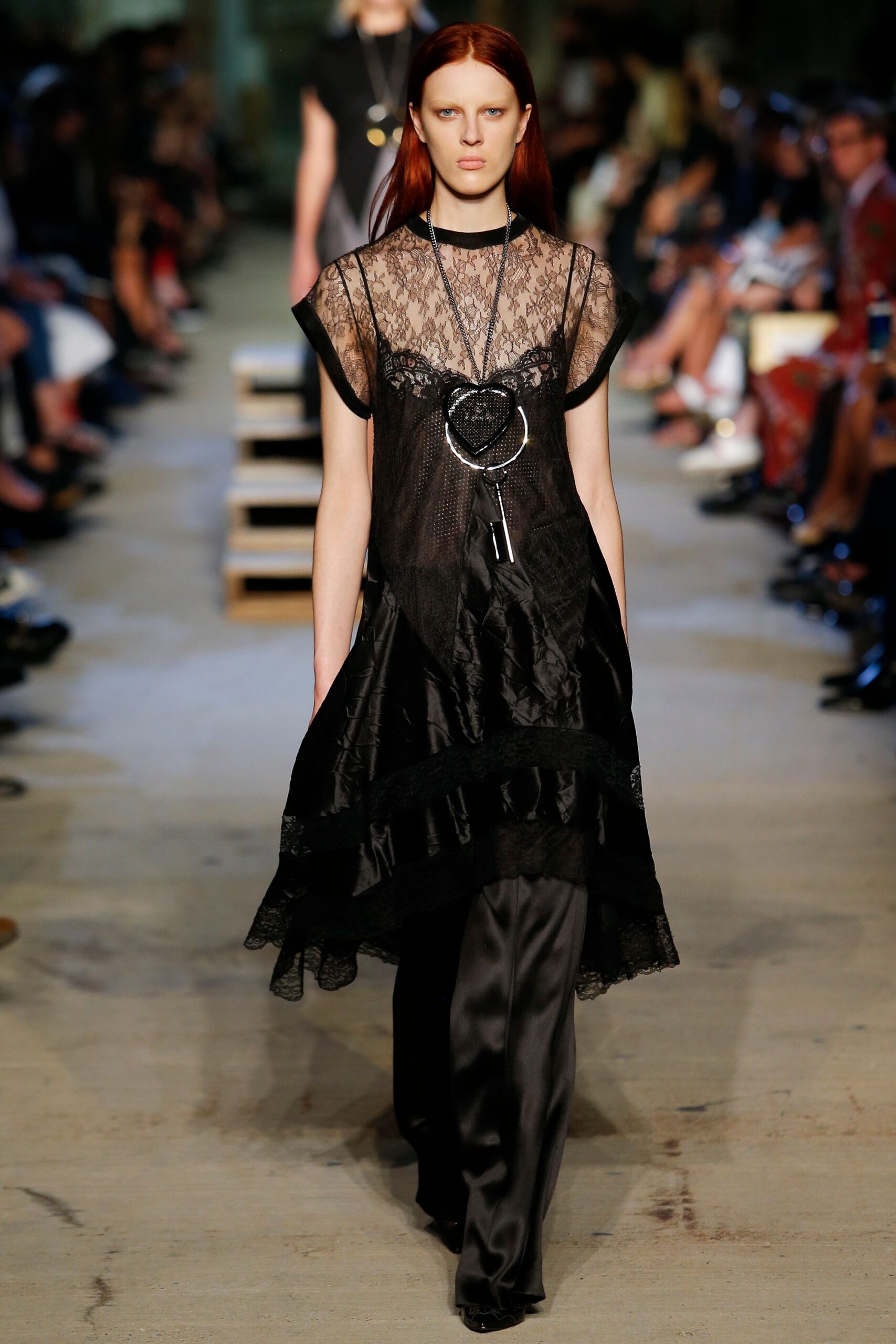 black lace midi dress with relaxed pants