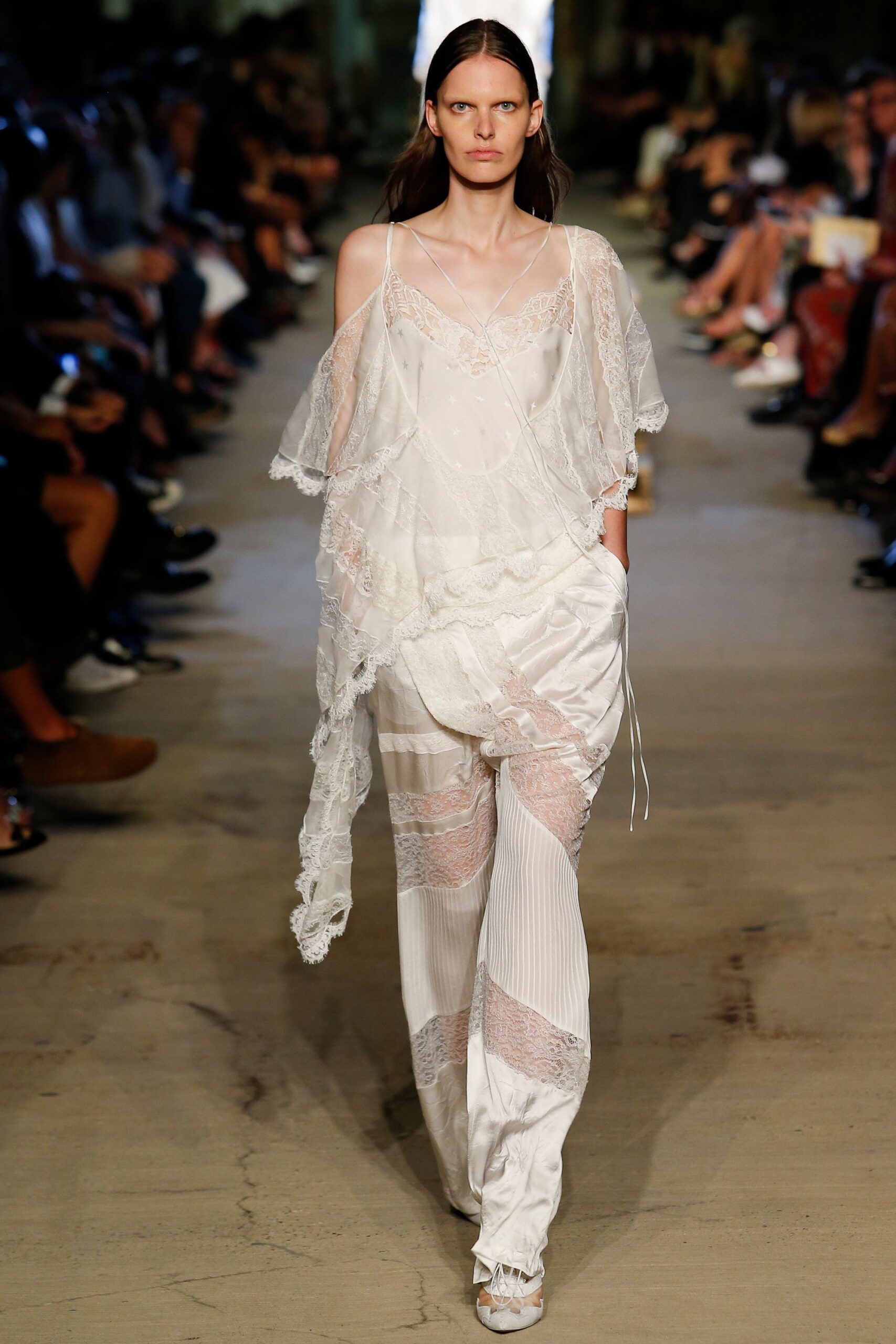 white lace top and silk pants