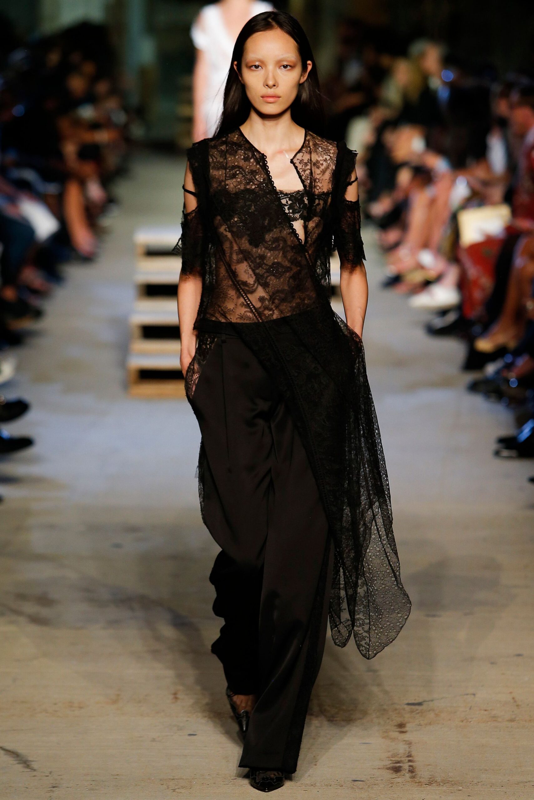 black lace top with relaxed pants