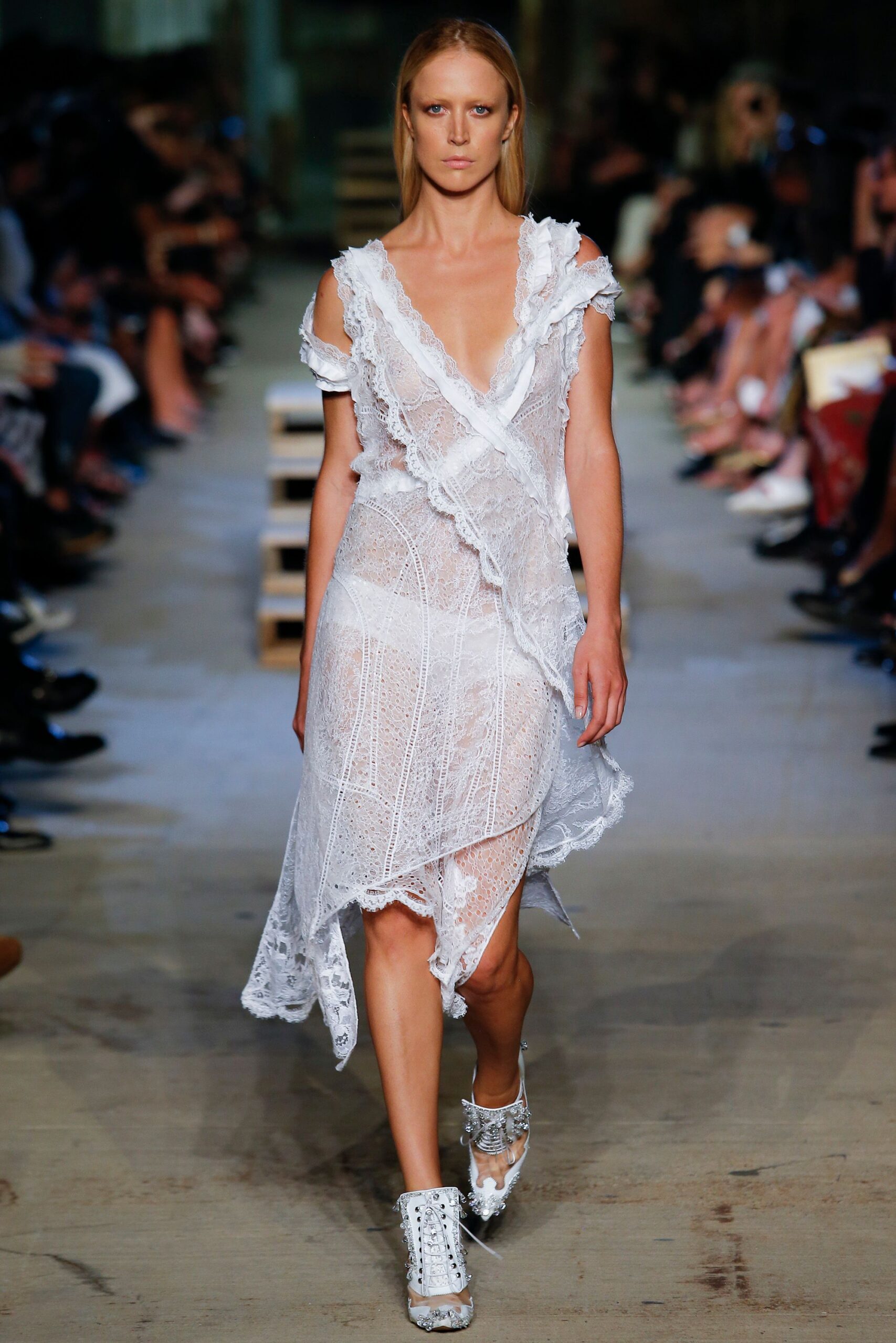 white lace asymmetric dress with shoes