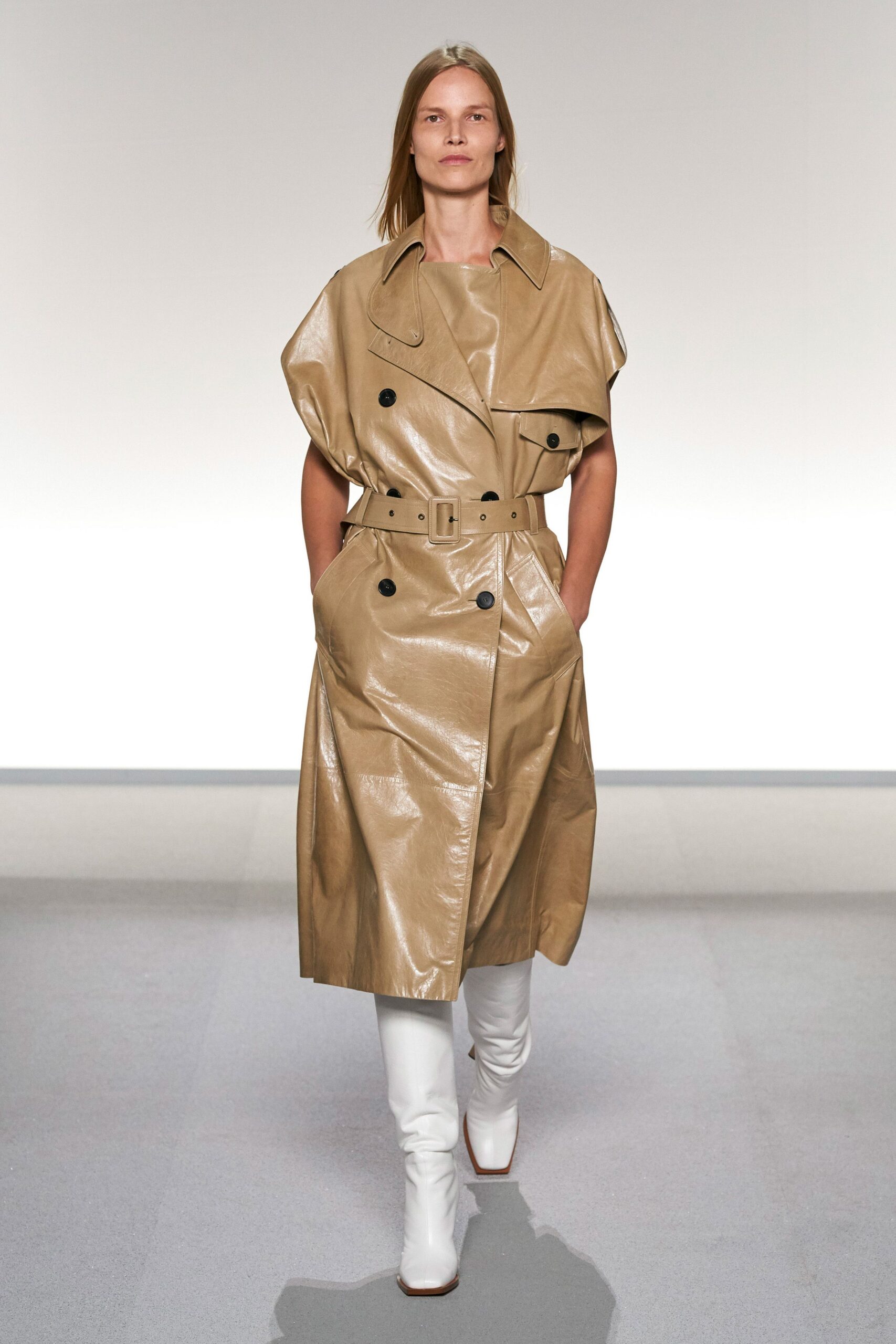 beige leather short-sleeve collared relaxed belted shiny trench