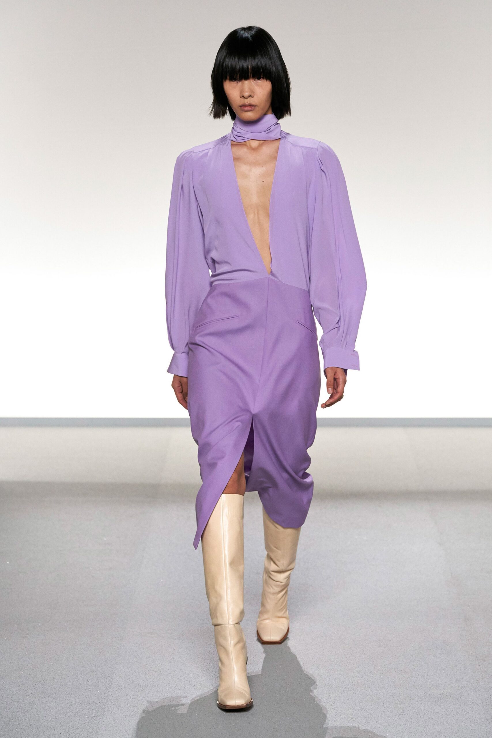 purple silk long-sleeve v-neck fitted draped midi dress