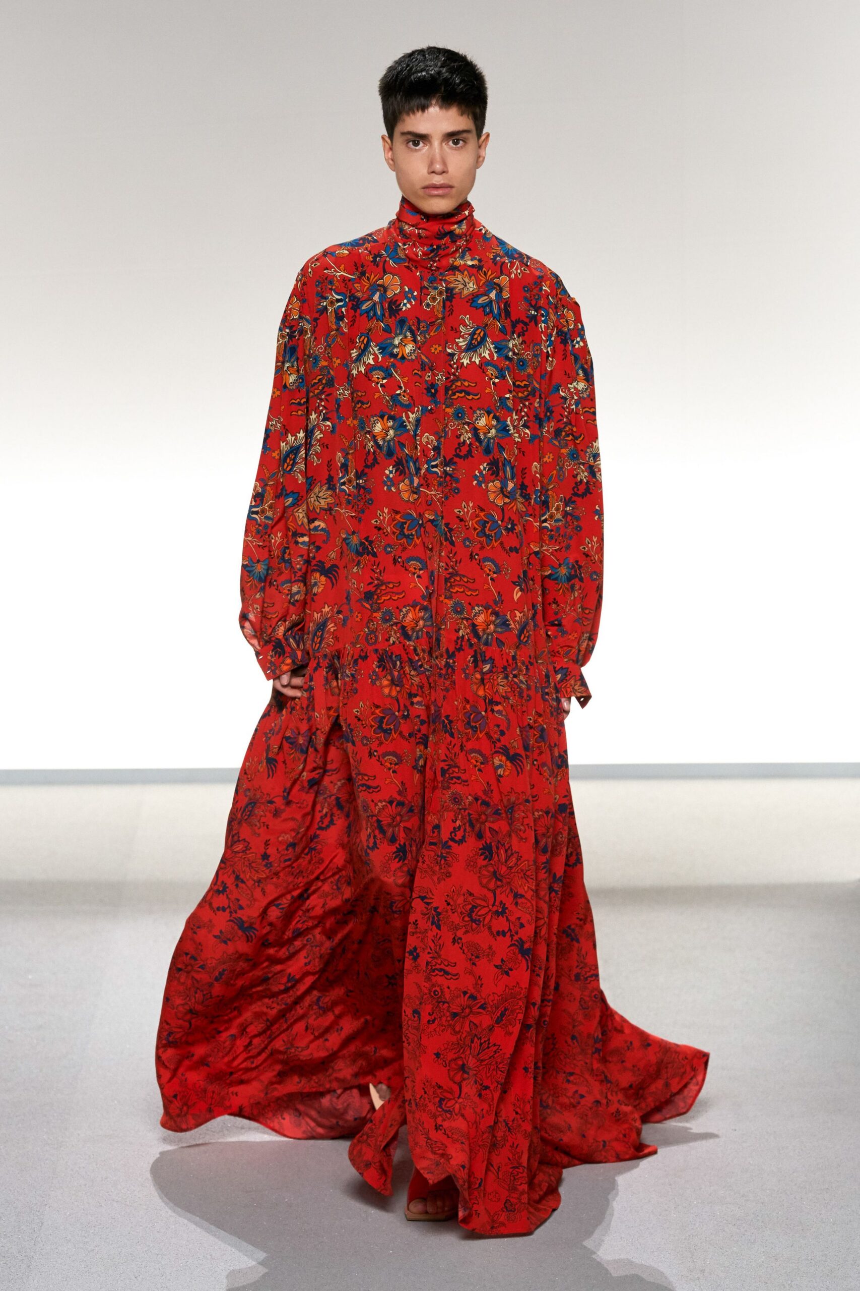 red silk flowing gown