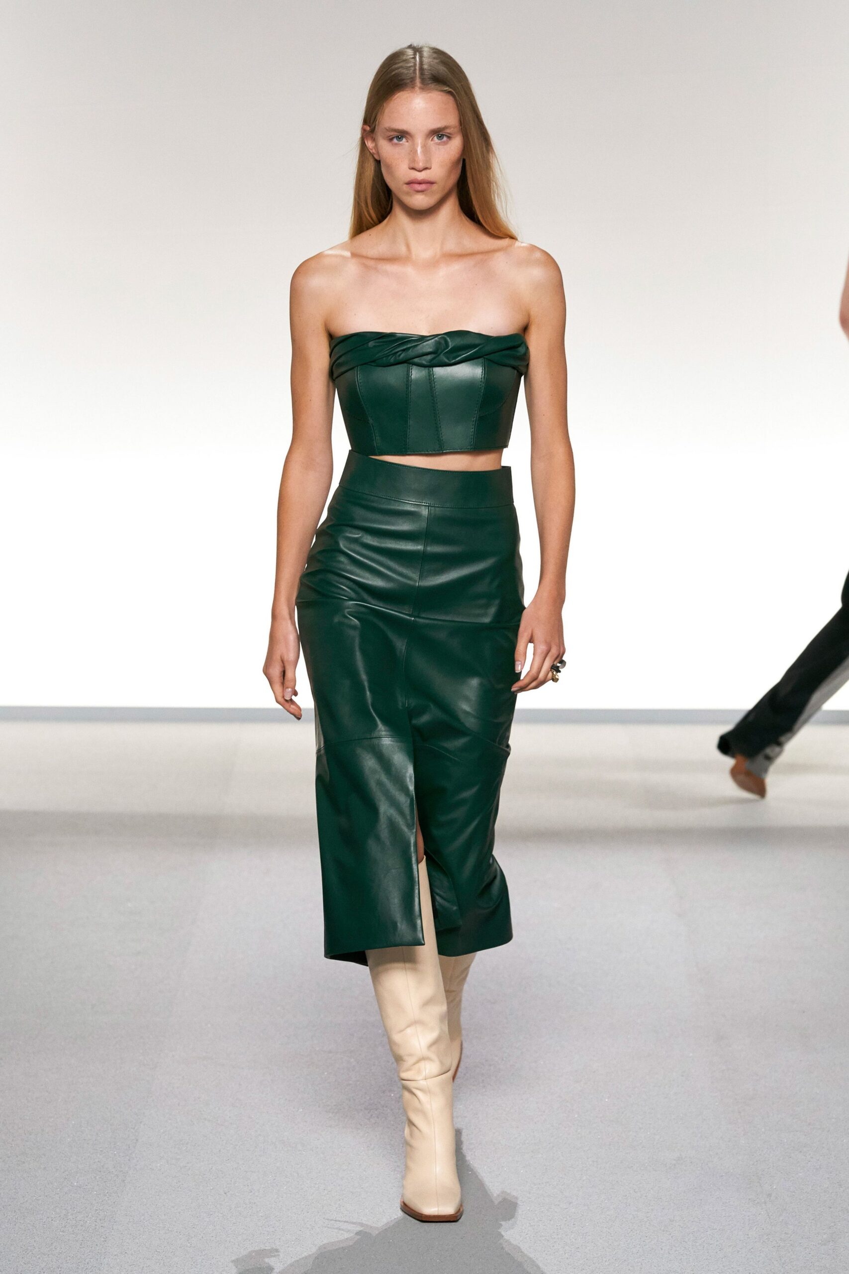 green leather sleeveless strapless fitted ruched cropped crop-top