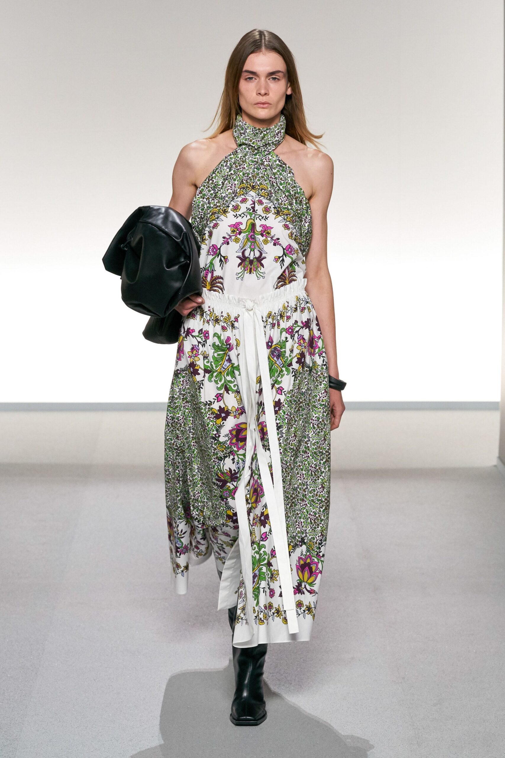 floral maxi dress with leather jacket