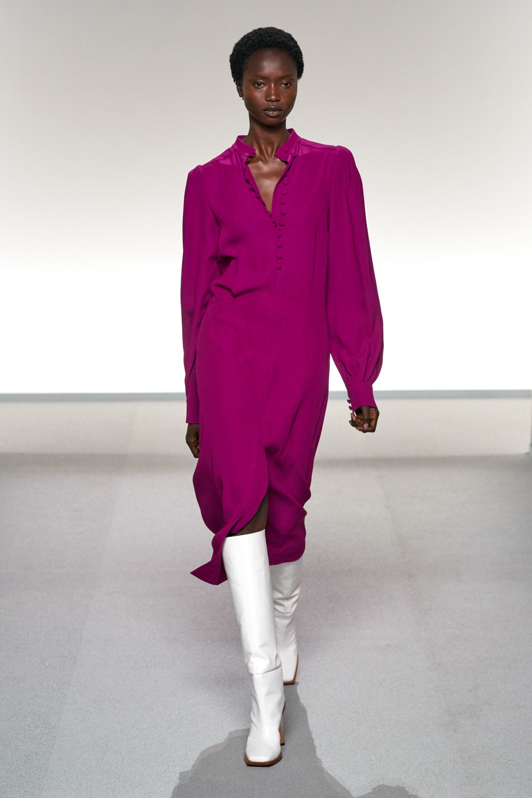 purple silk long-sleeve collared fitted buttoned midi dress