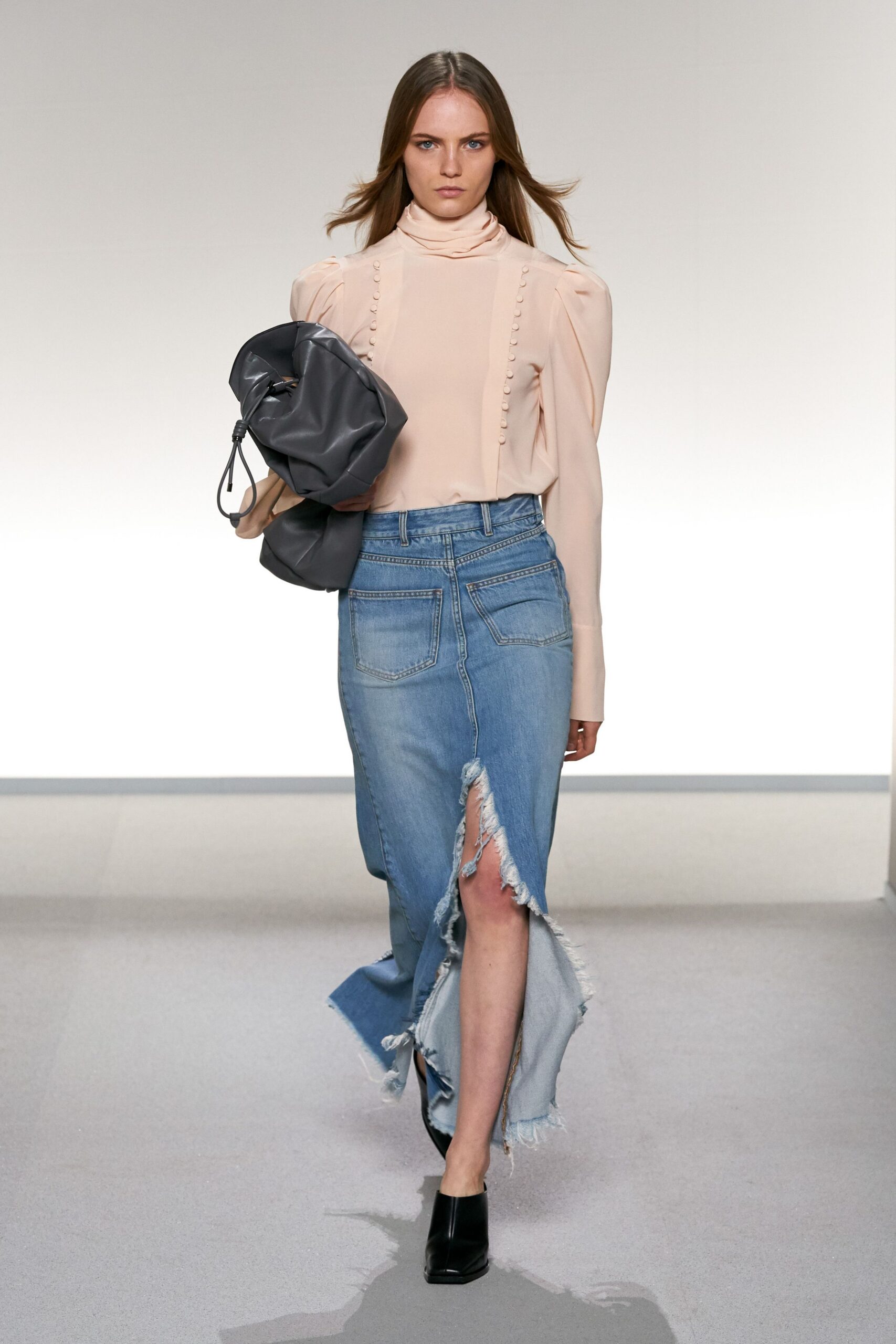 blue denim slit fitted fringed midi skirt
