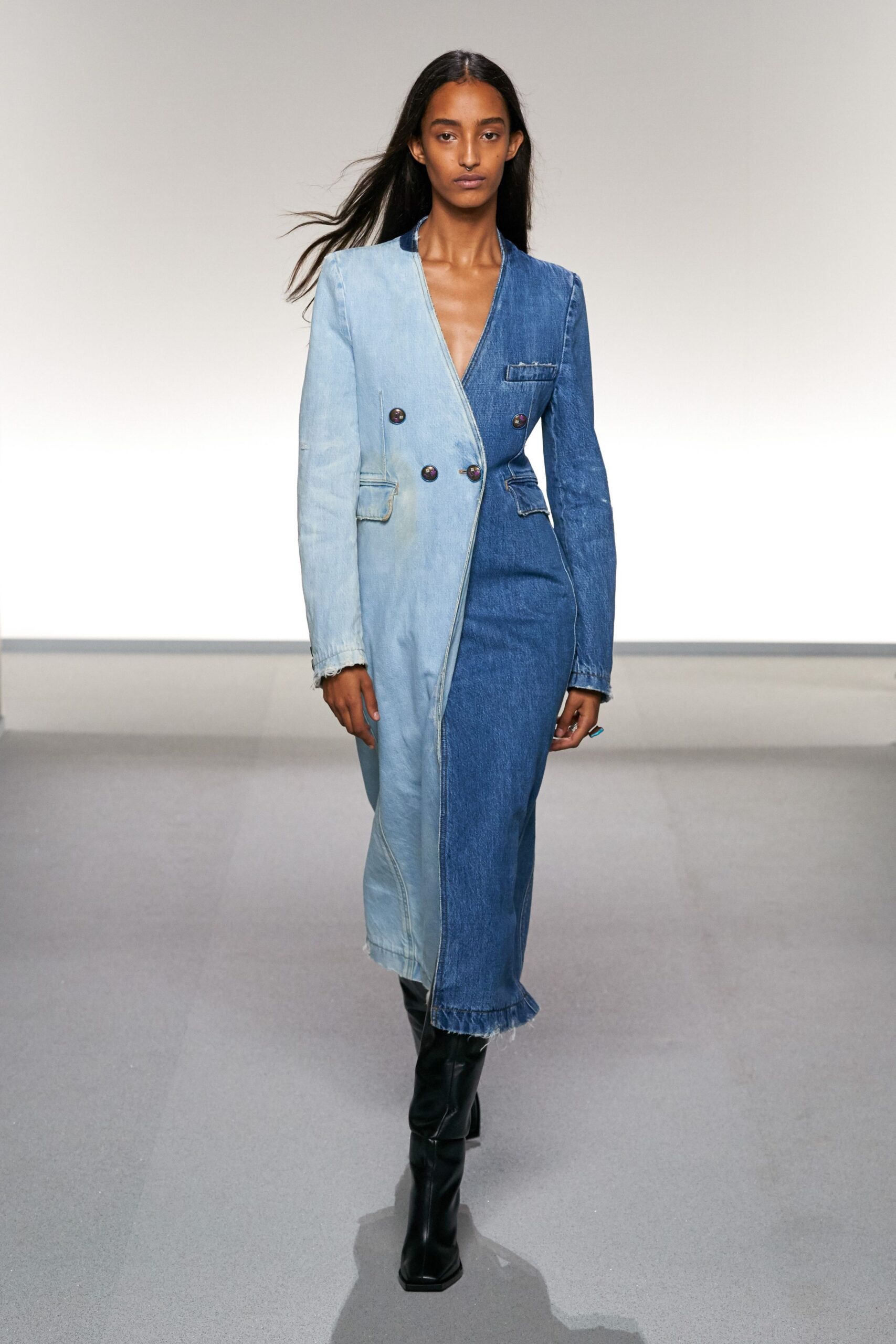 blue denim long-sleeve v-neck fitted buttoned flared dress