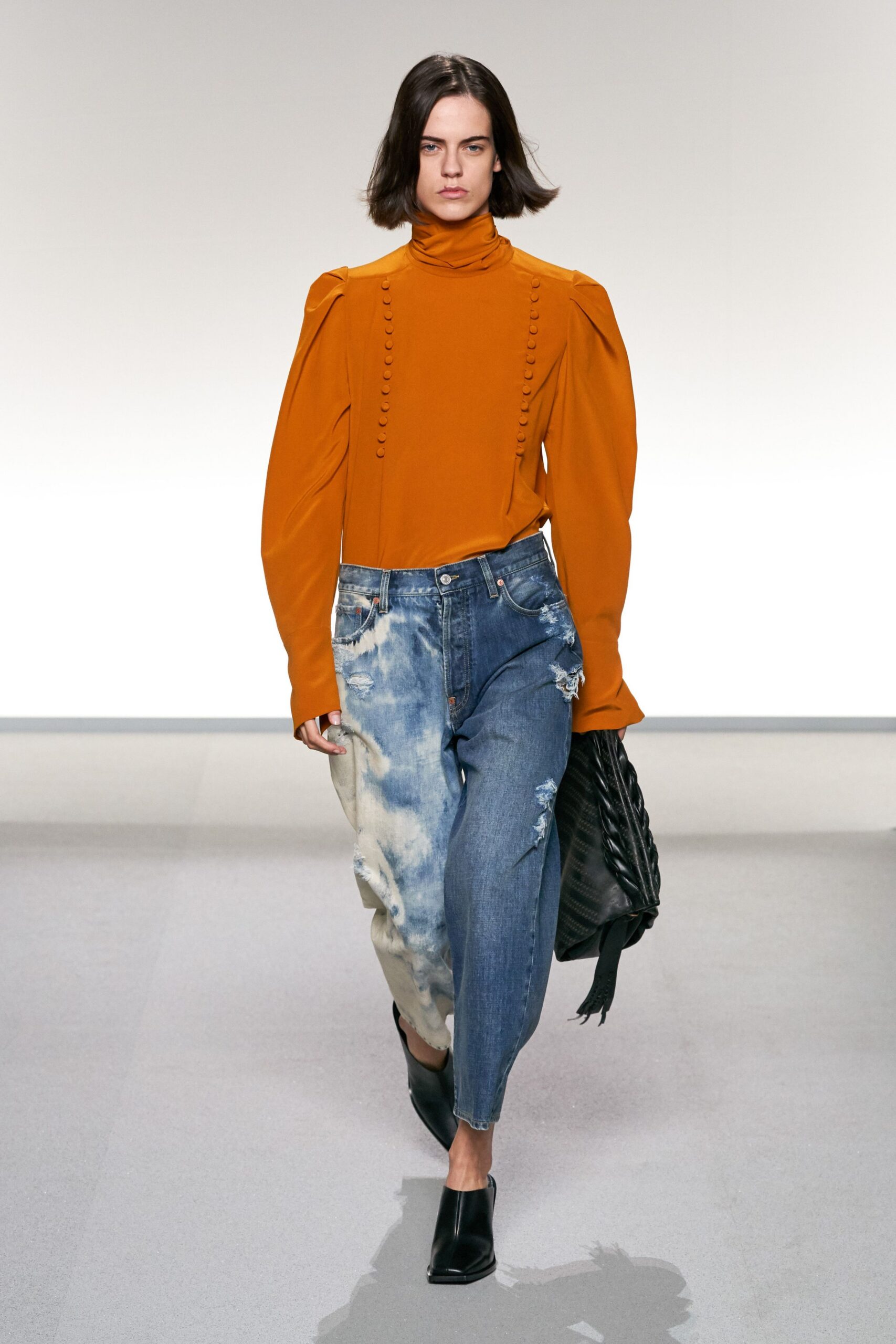 orange cotton long-sleeve high-neck fitted pleated top