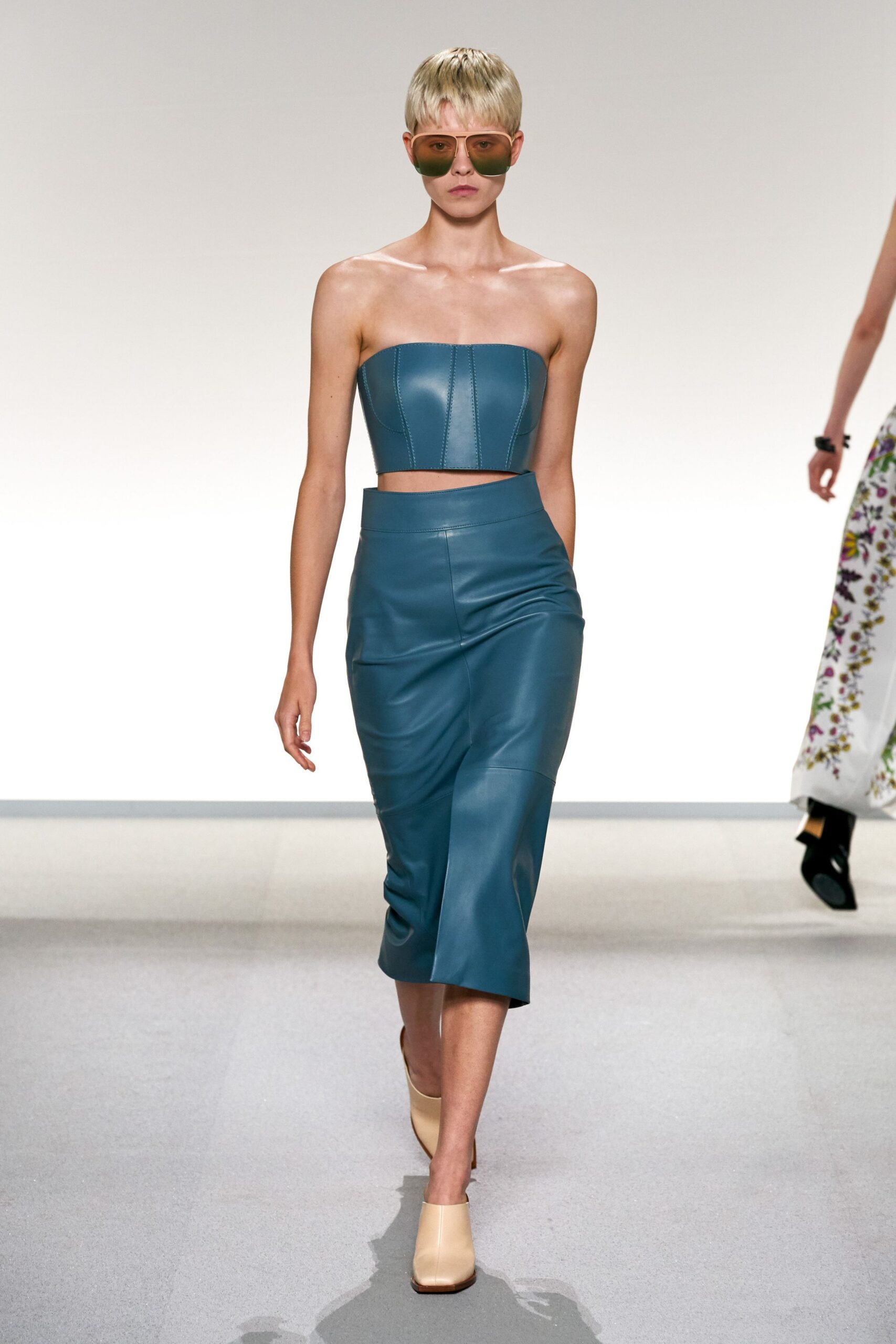 teal leather fitted pencil midi skirt