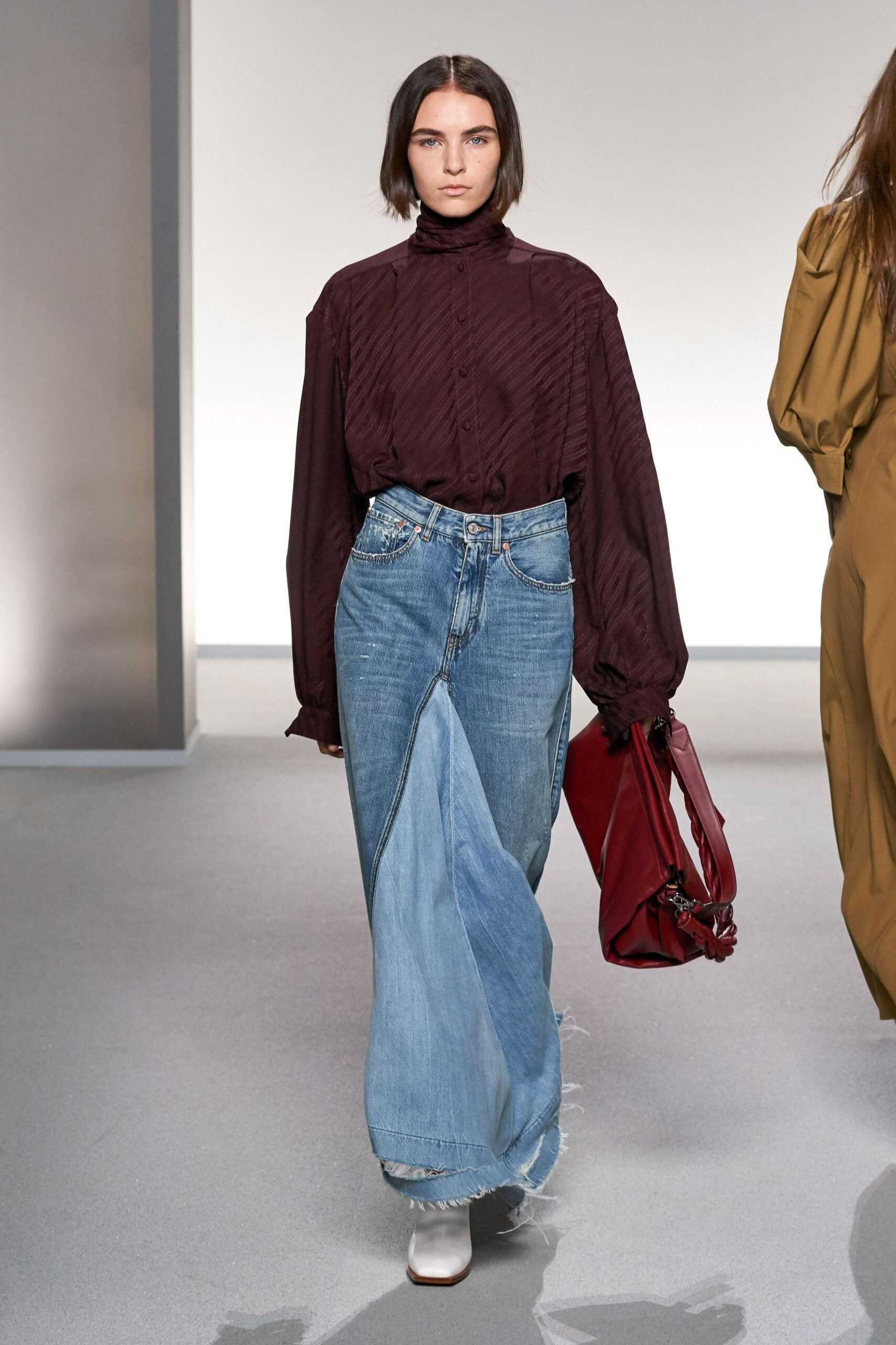 maroon cotton long-sleeve high-neck relaxed pleated shirt