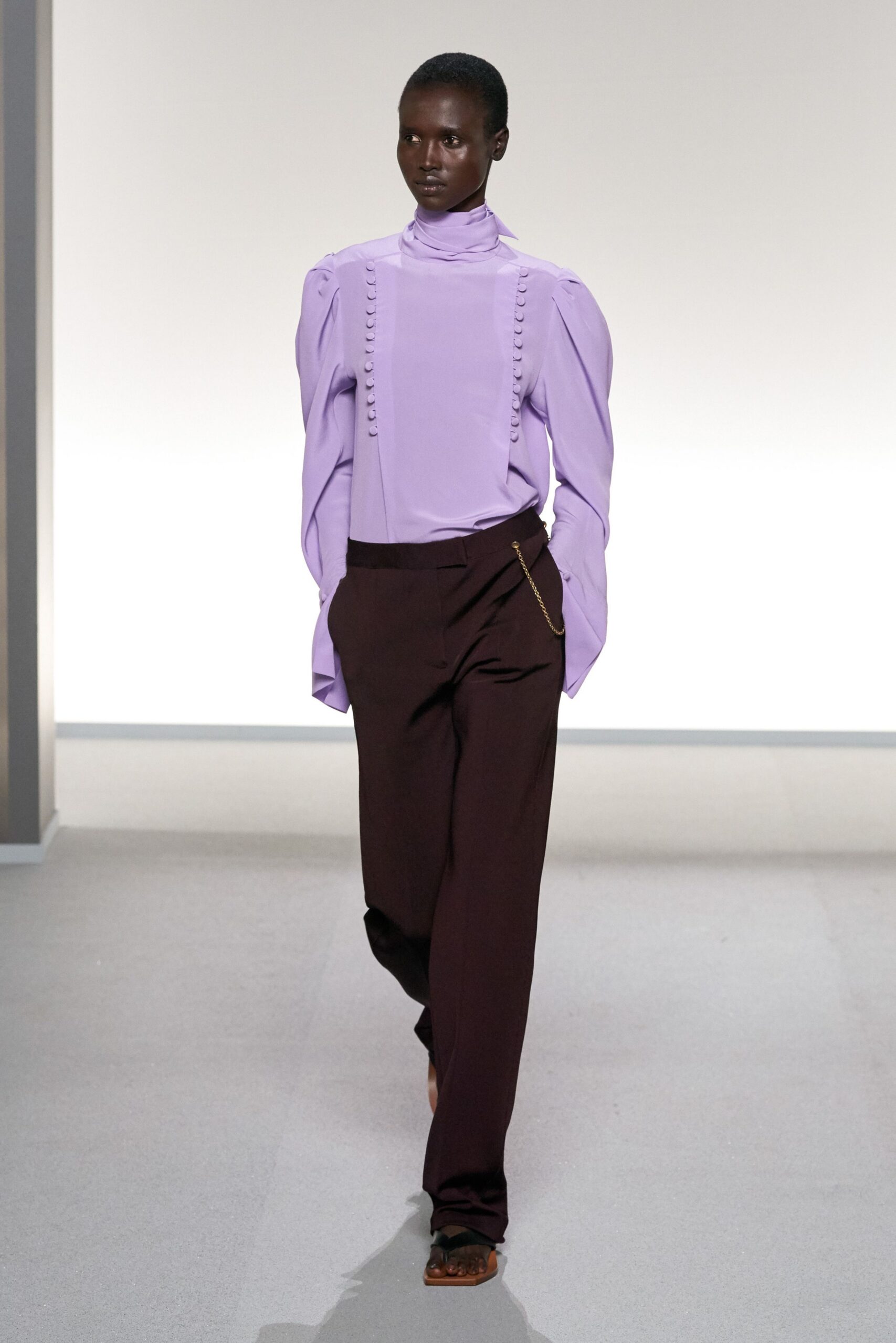 purple silk long-sleeve high-neck fitted pleated shirt