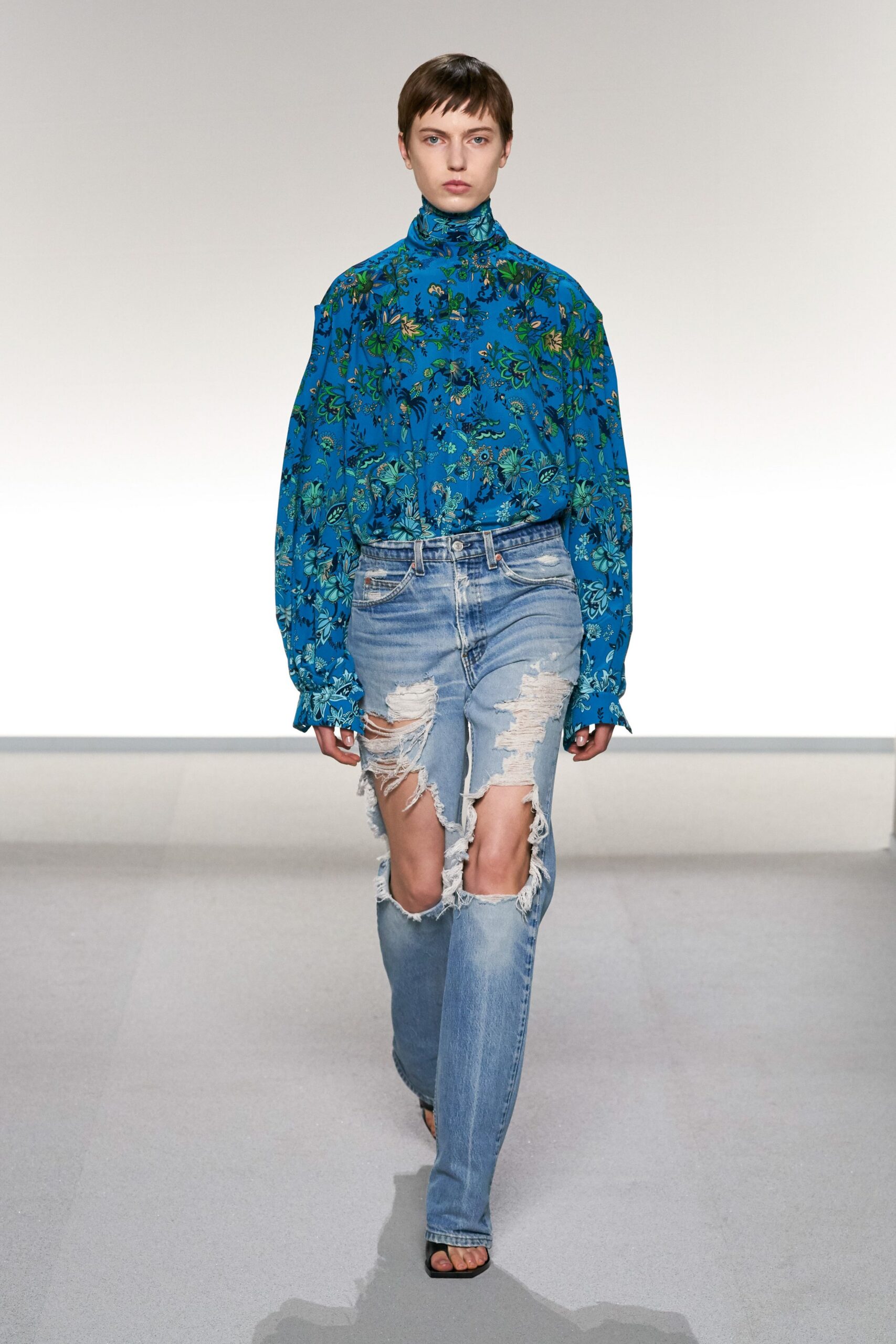 blue denim fitted distressed jeans