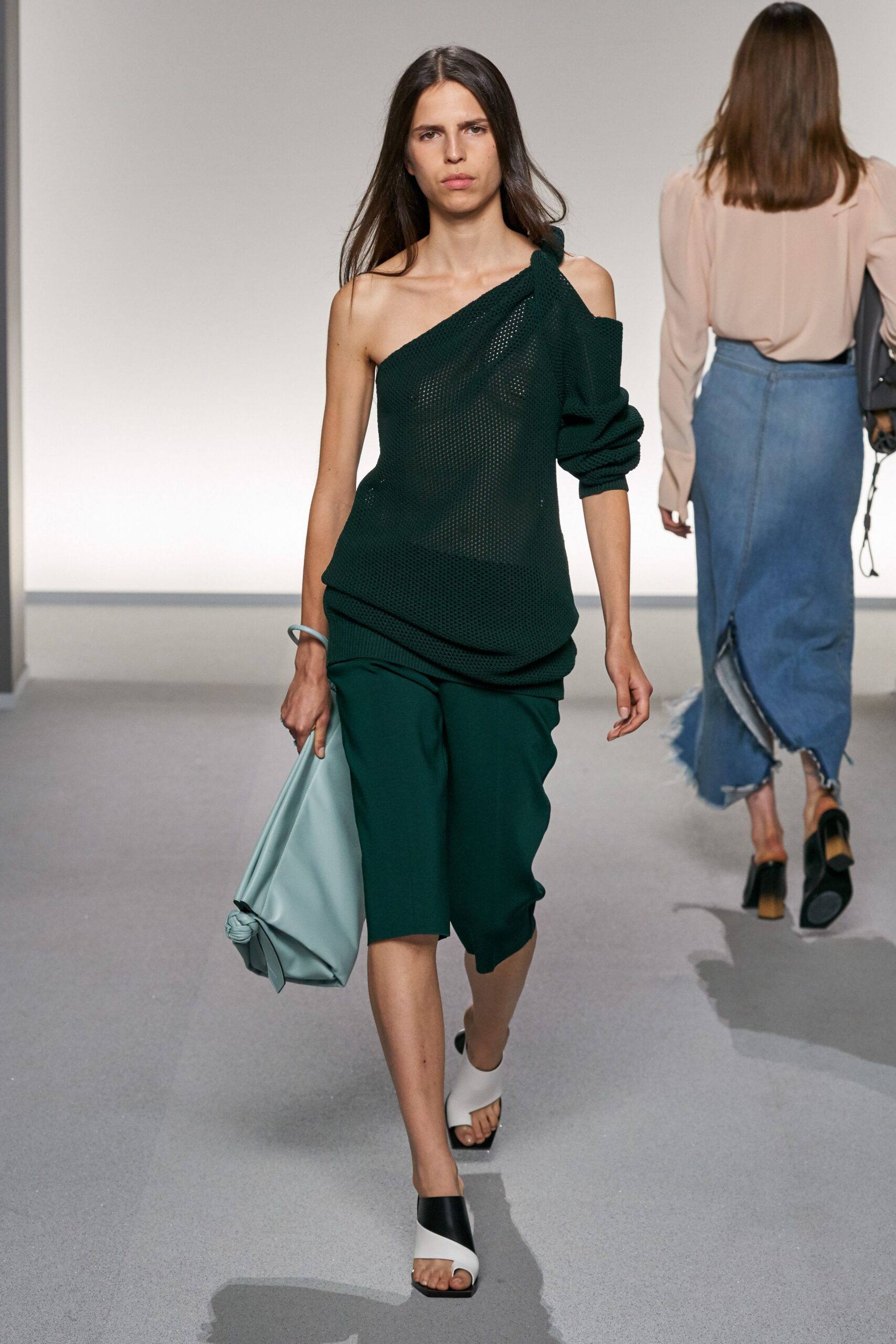 green knit sleeveless off-shoulder relaxed textured top
