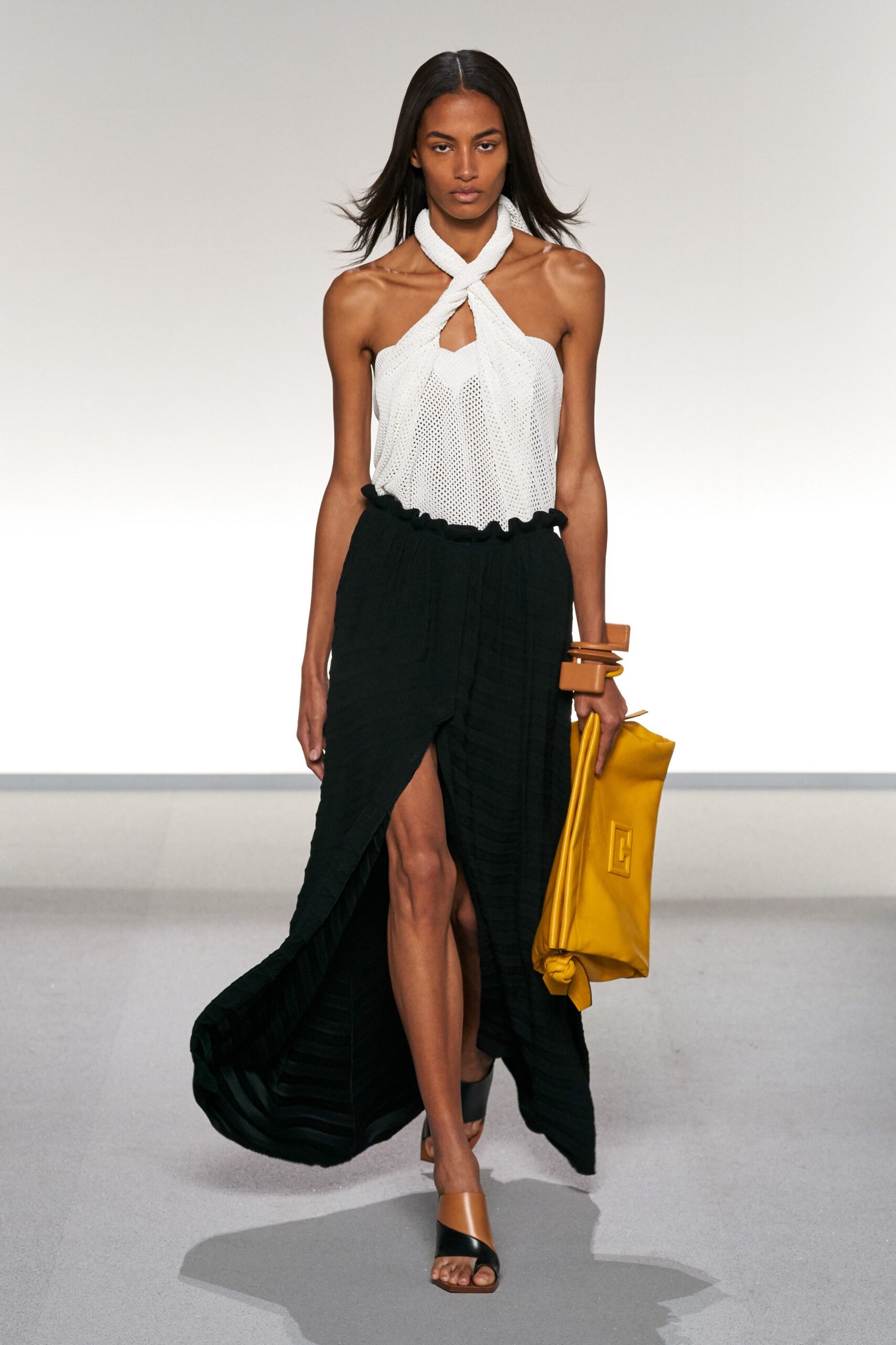 black cotton long-sleeve slit fitted pleated midi skirt